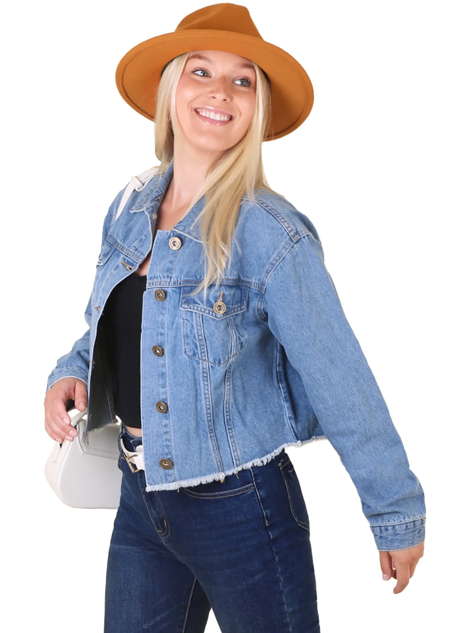 Anna-Kaci Women's Denim Jacket Cropped Raw Hem Casual Button Down Jean Jacket with Pockets