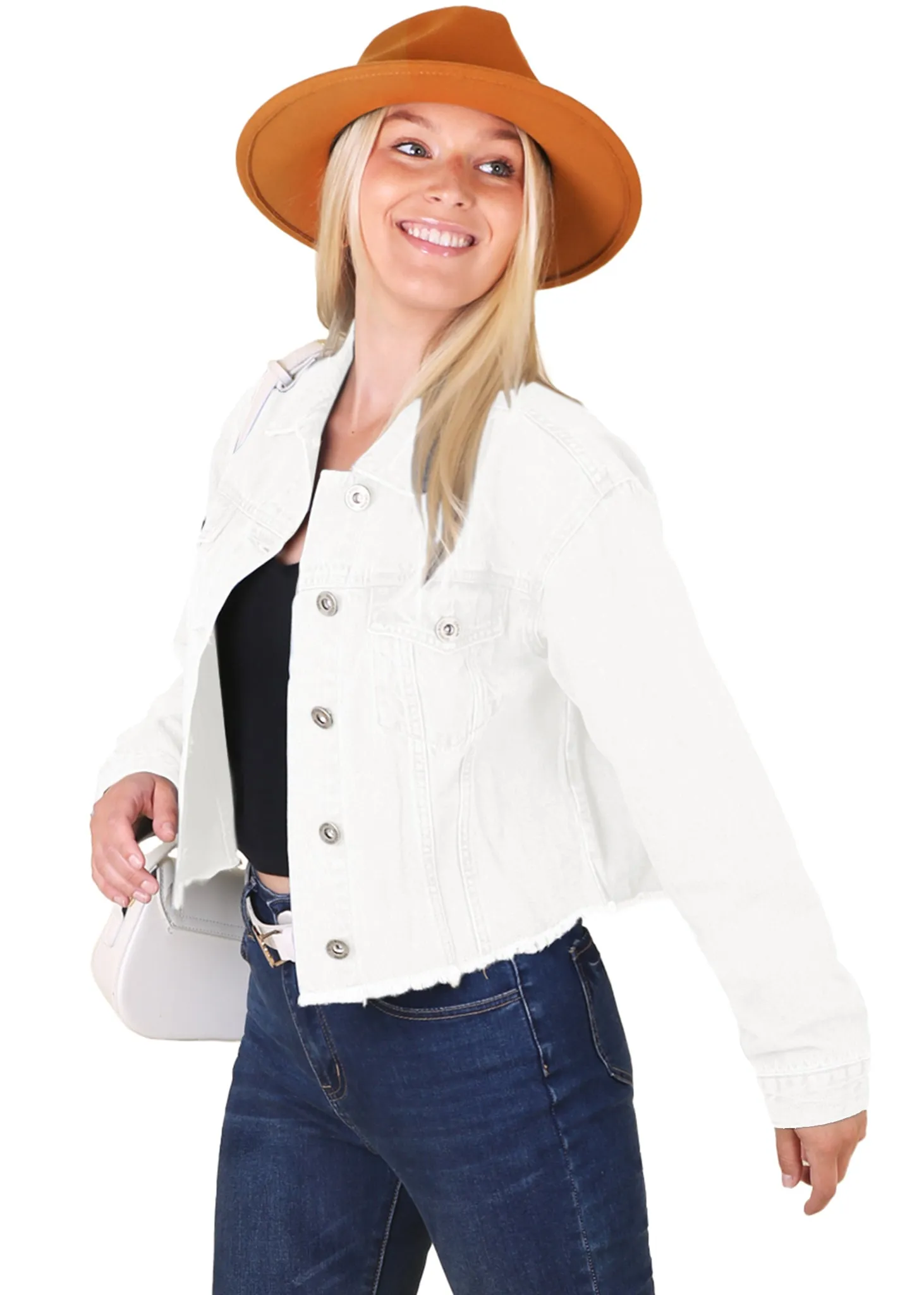 Anna-Kaci Women's Denim Jacket Cropped Raw Hem Casual Button Down Jean Jacket with Pockets