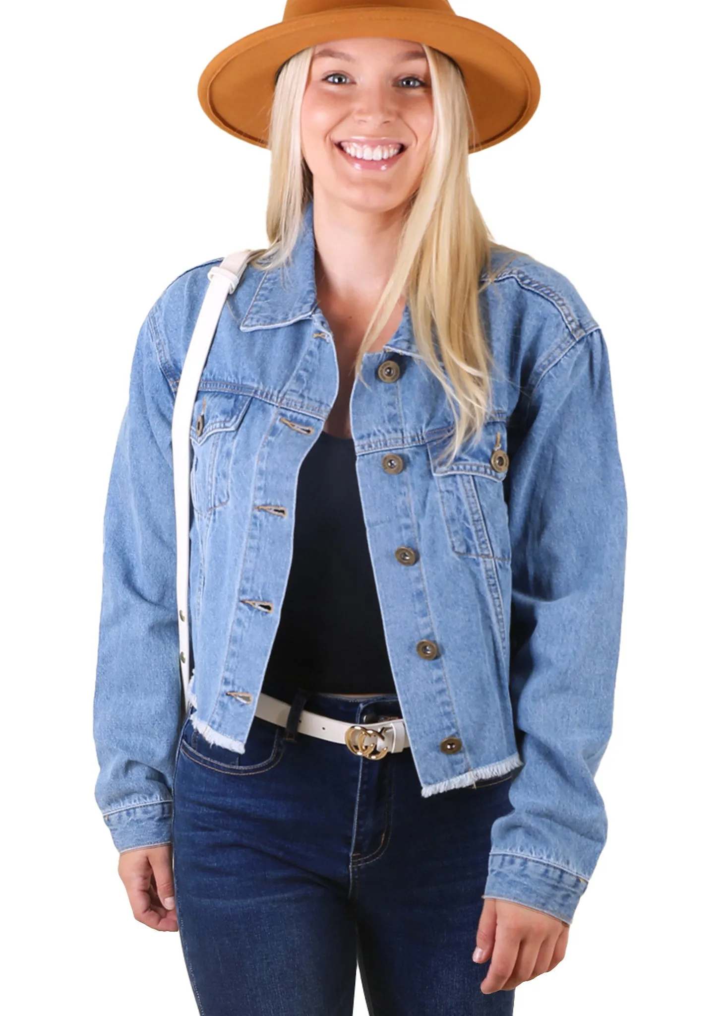 Anna-Kaci Women's Denim Jacket Cropped Raw Hem Casual Button Down Jean Jacket with Pockets