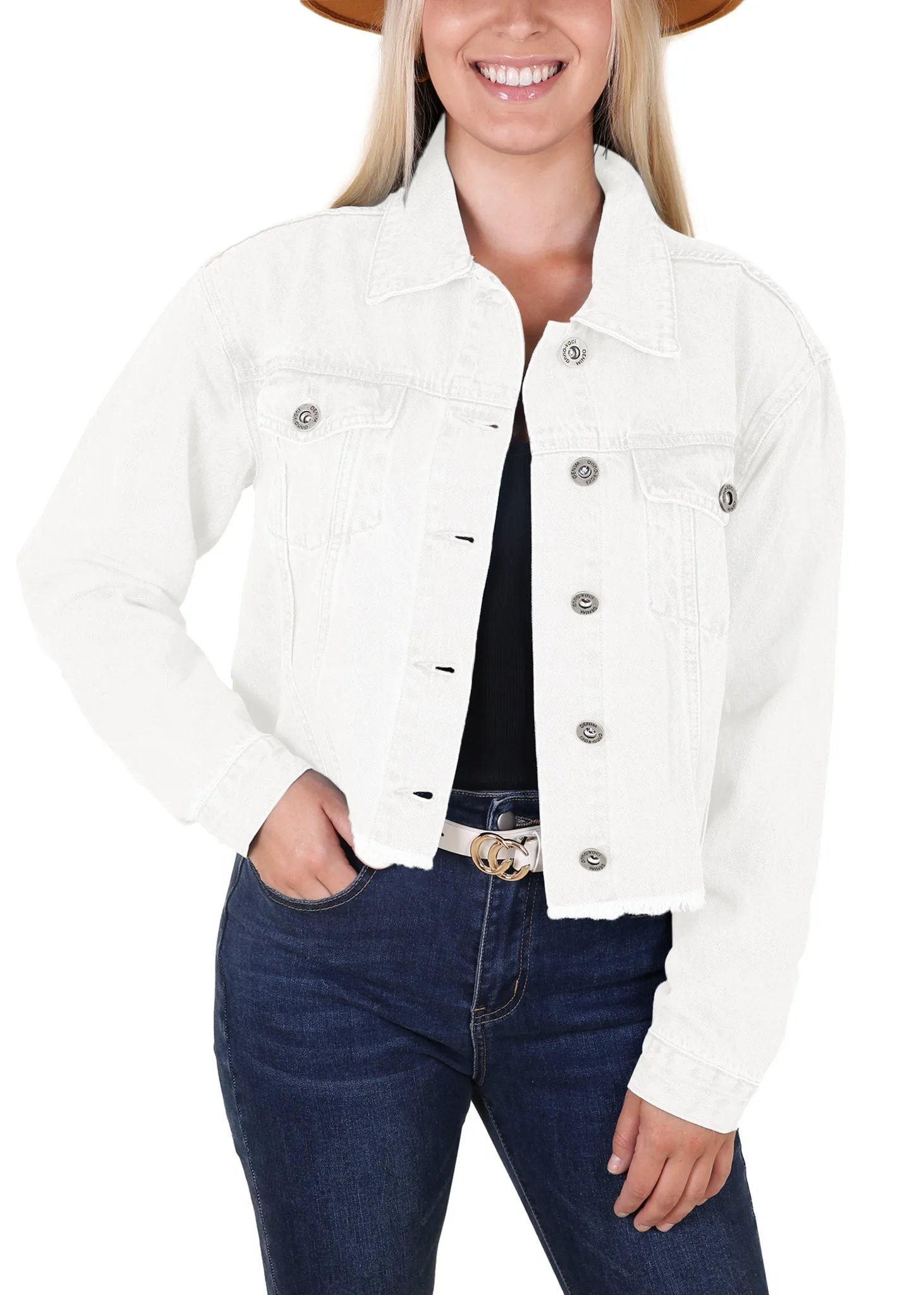 Anna-Kaci Women's Denim Jacket Cropped Raw Hem Casual Button Down Jean Jacket with Pockets