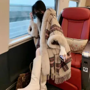Autumn Winter Faux Fur Hooded Poncho Tweed Plus Size Cloak Coat