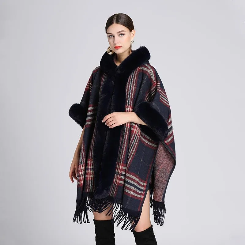 Autumn Winter Faux Fur Hooded Poncho Tweed Plus Size Cloak Coat