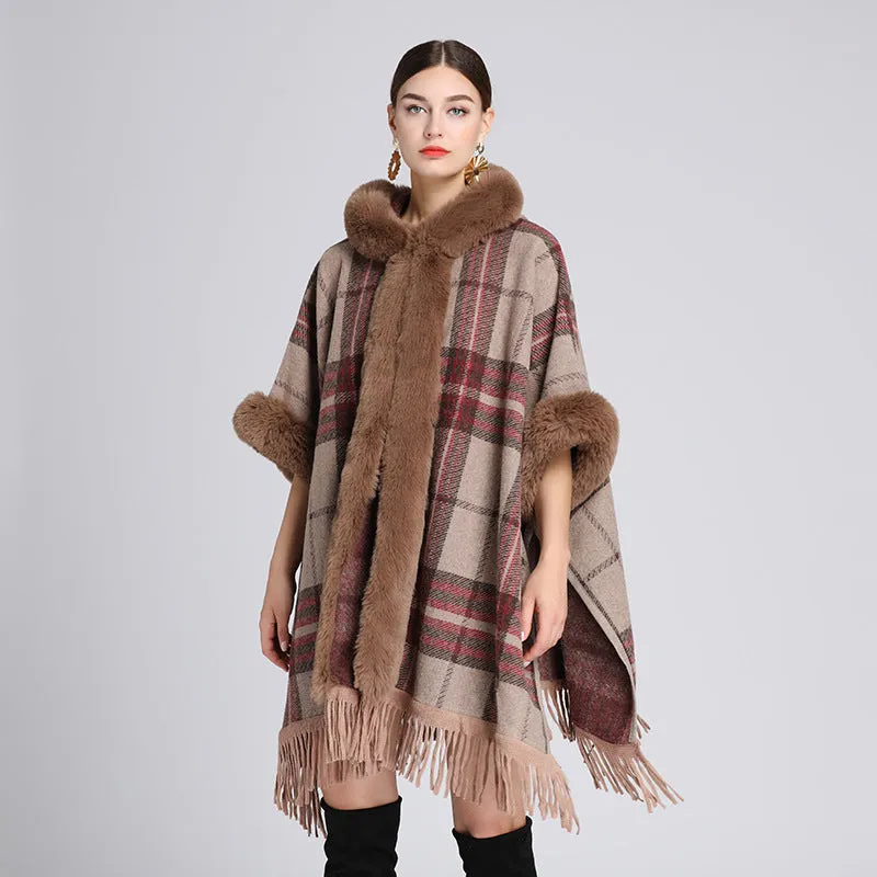Autumn Winter Faux Fur Hooded Poncho Tweed Plus Size Cloak Coat