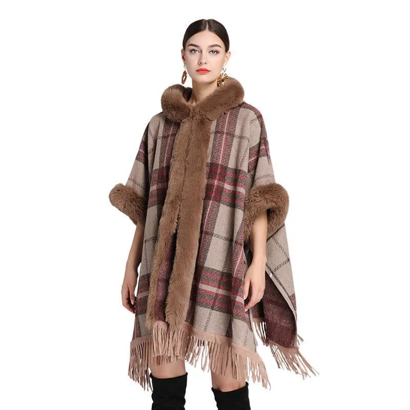 Autumn Winter Faux Fur Hooded Poncho Tweed Plus Size Cloak Coat