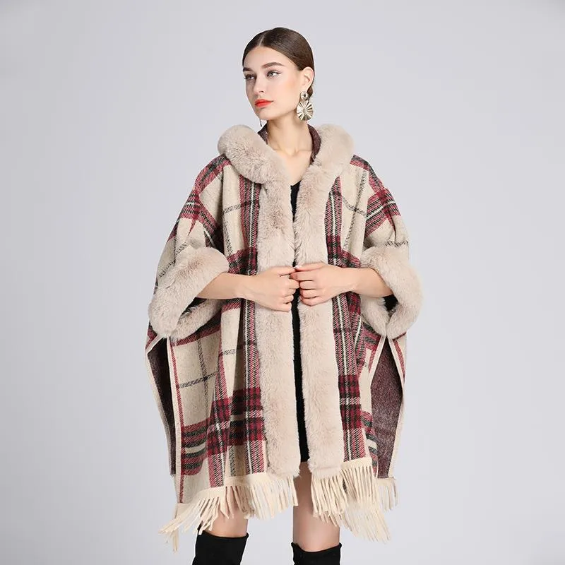 Autumn Winter Faux Fur Hooded Poncho Tweed Plus Size Cloak Coat
