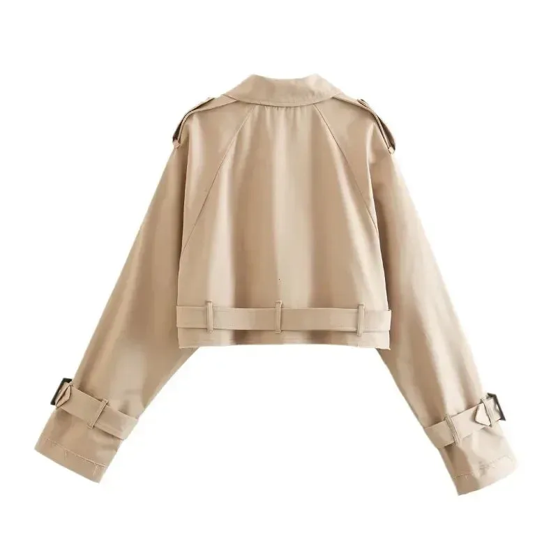 Belt Cropped Trench Spring Jacket Women Vintage Streetwear Double Breasted Long Sleeve Top Female Coat Outfits