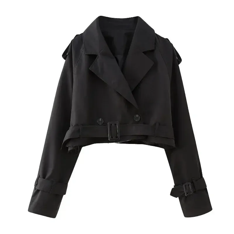 Belt Cropped Trench Spring Jacket Women Vintage Streetwear Double Breasted Long Sleeve Top Female Coat Outfits