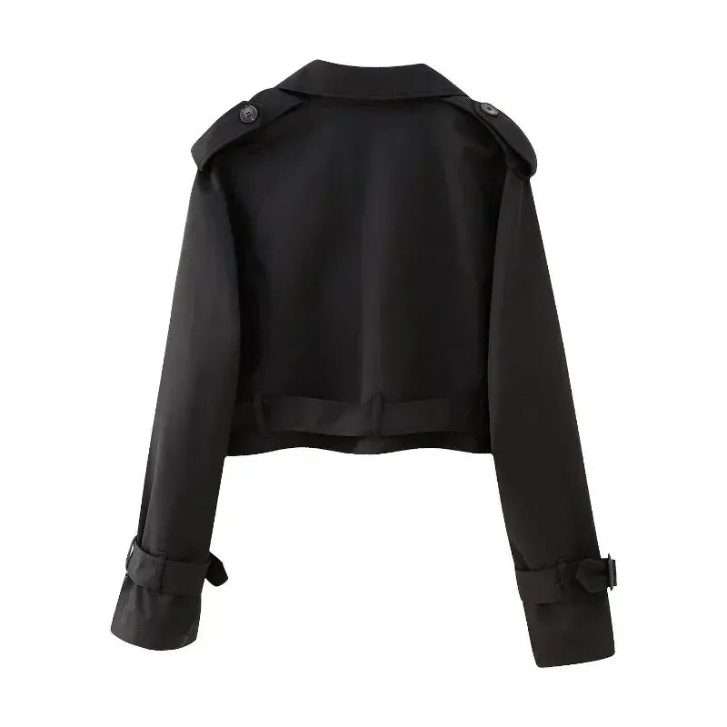Belt Cropped Trench Spring Jacket Women Vintage Streetwear Double Breasted Long Sleeve Top Female Coat Outfits