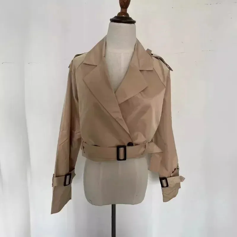 Belt Cropped Trench Spring Jacket Women Vintage Streetwear Double Breasted Long Sleeve Top Female Coat Outfits