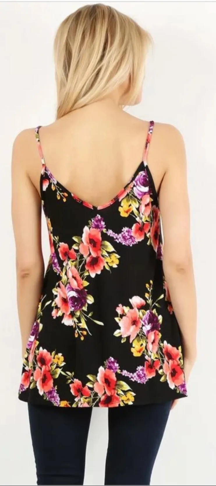 Black Floral Print Tank With Spaghetti Straps and Cutout Details