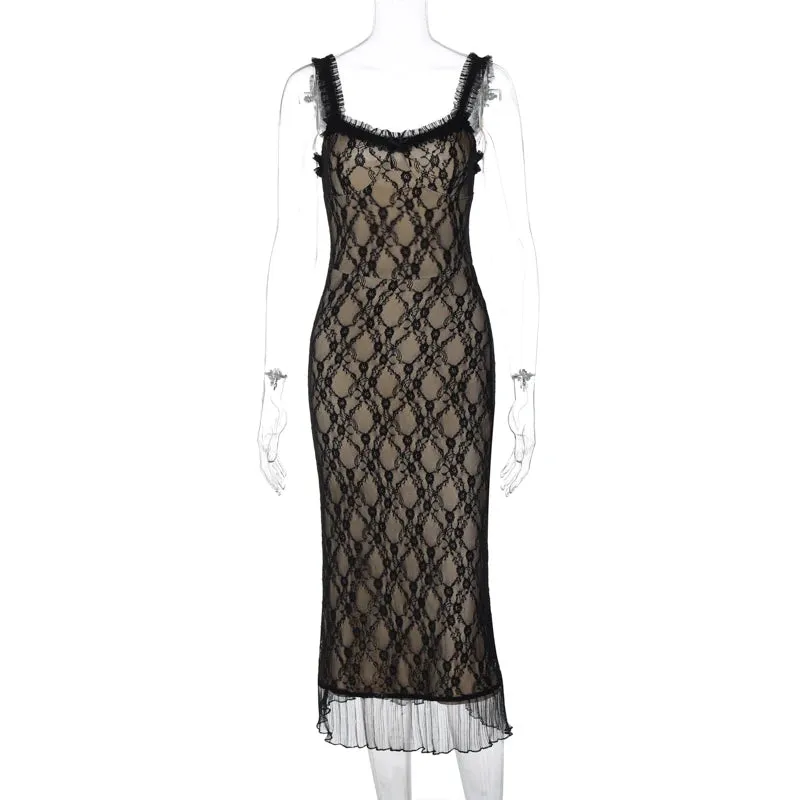 Black Lace Slip Dress Spaghetti Strap Frill Midi Dress Sexy Bodycon Night Club Party Dress