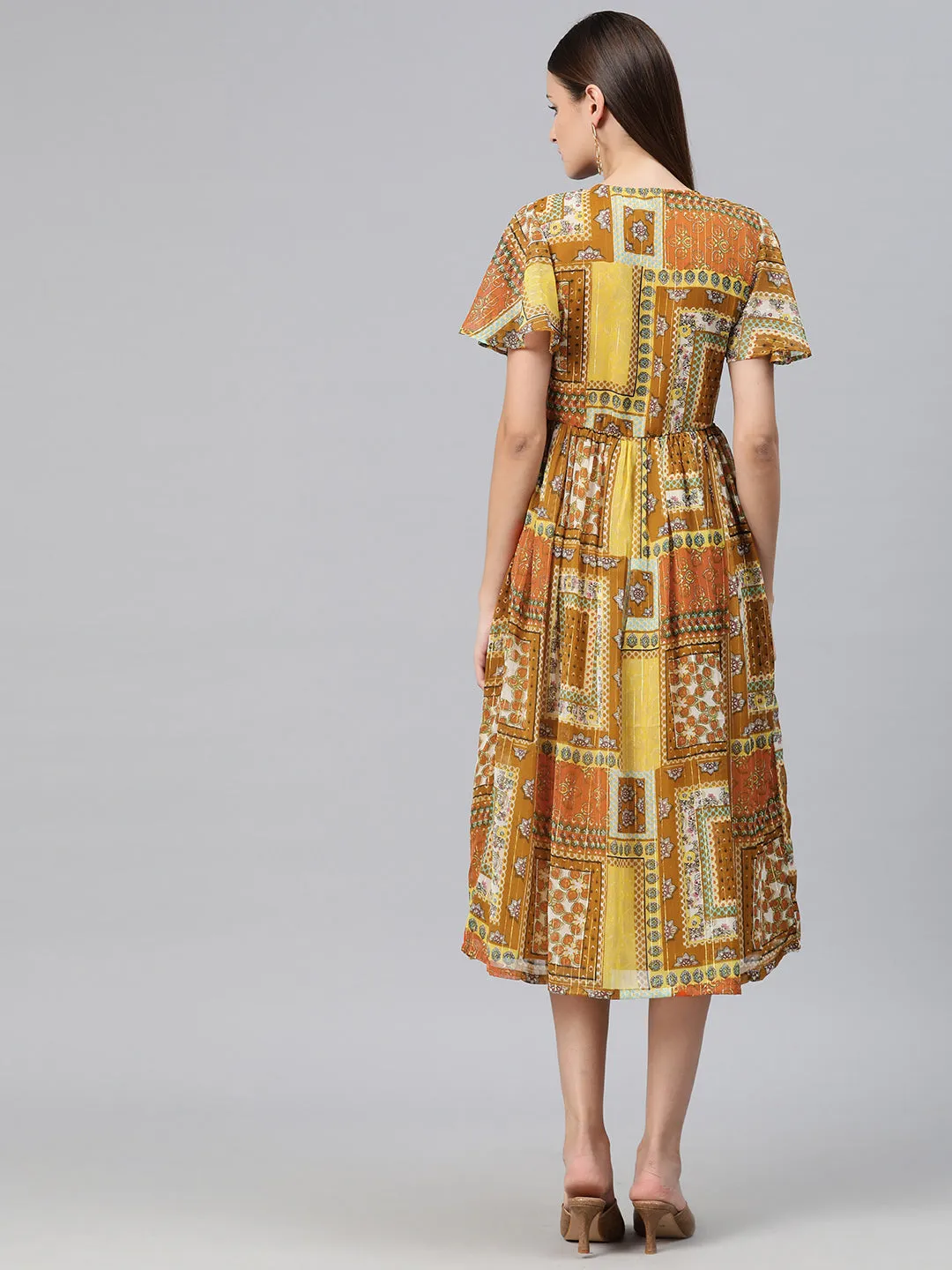 Cottinfab Women Ethnic Motifs Print Flared Sleeve Georgette A-Line Midi Dress
