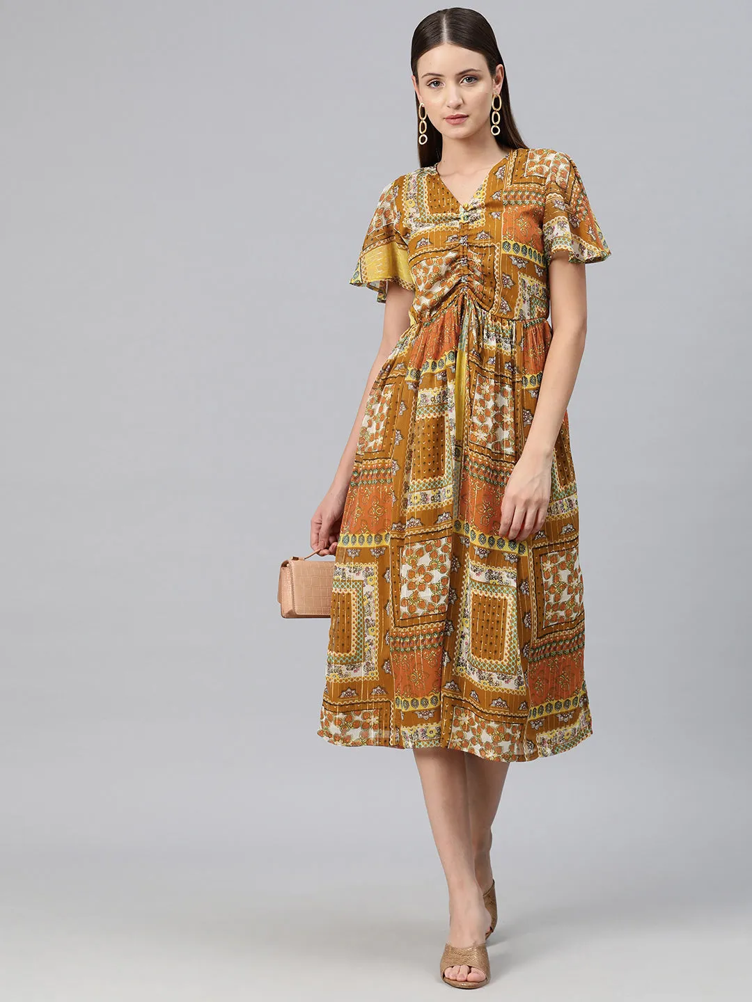 Cottinfab Women Ethnic Motifs Print Flared Sleeve Georgette A-Line Midi Dress