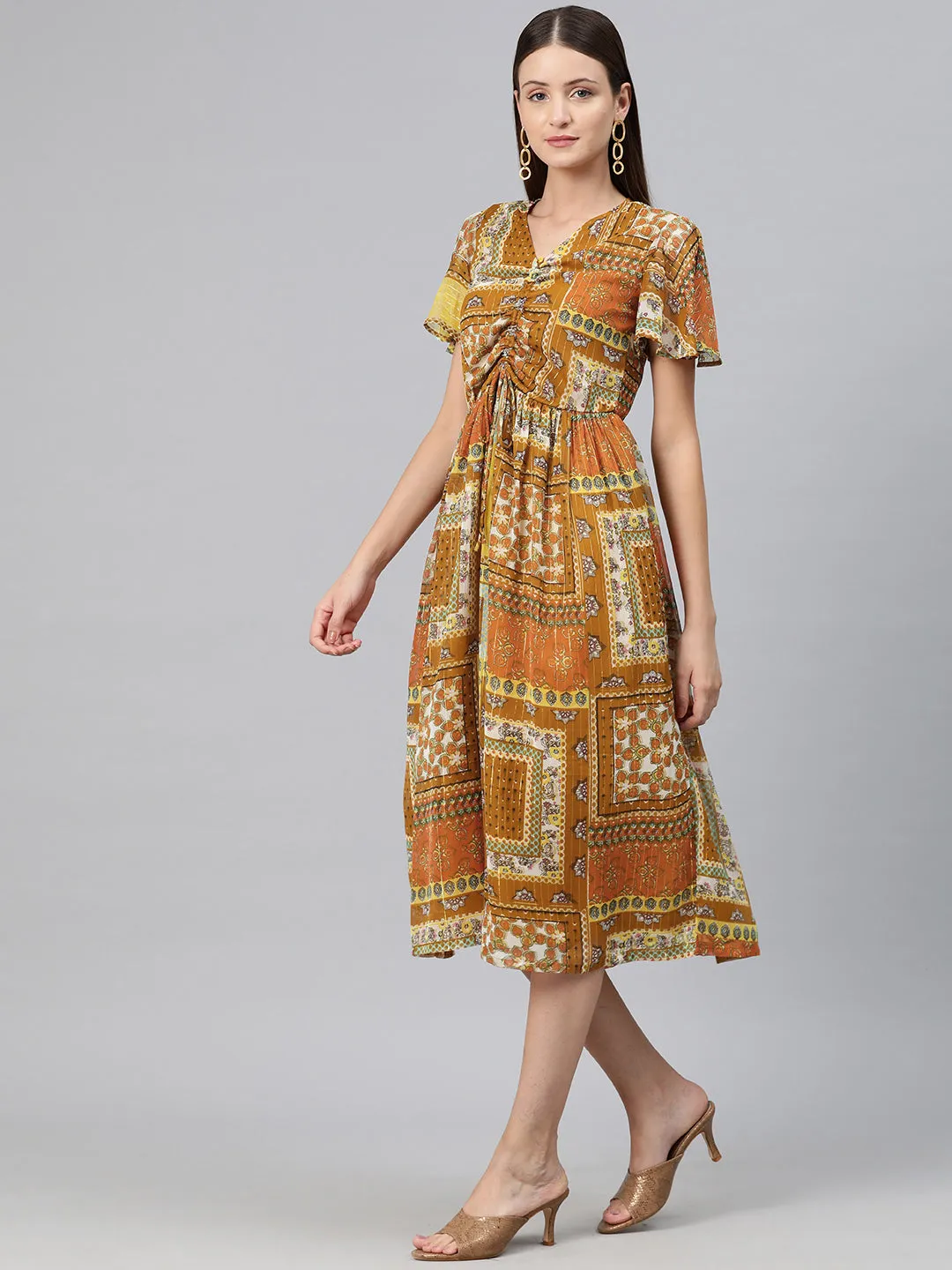 Cottinfab Women Ethnic Motifs Print Flared Sleeve Georgette A-Line Midi Dress