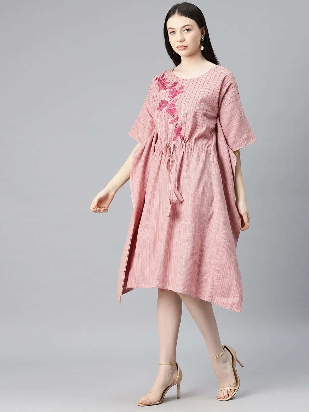 Cottinfab Women Floral Embroidered Kimono Sleeve Cotton Kaftan Dress