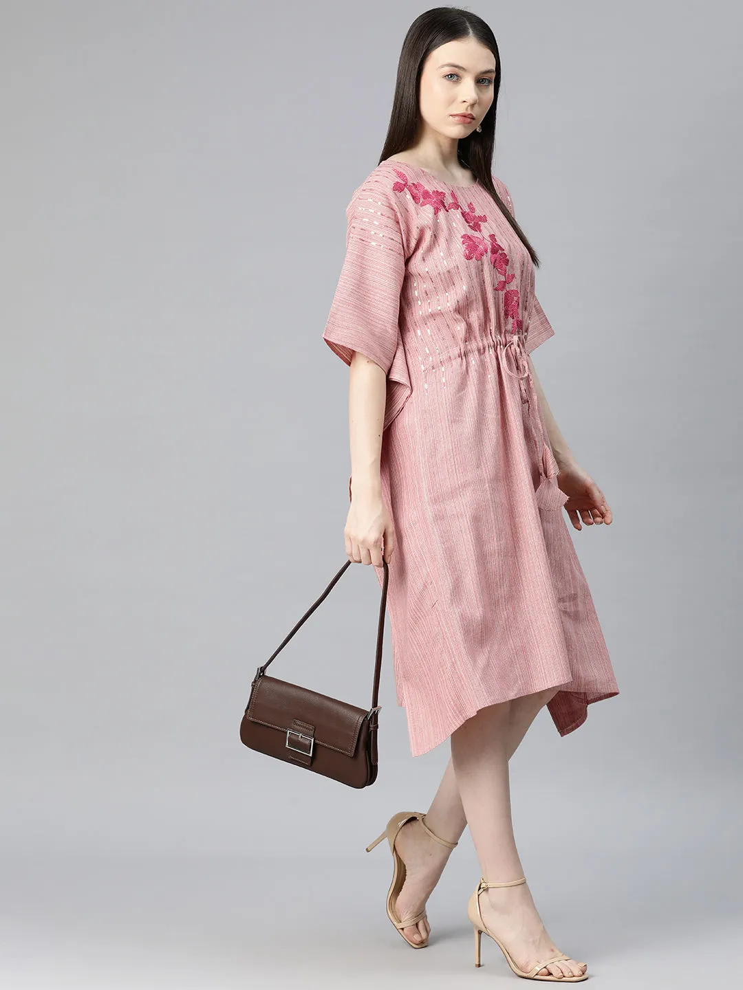 Cottinfab Women Floral Embroidered Kimono Sleeve Cotton Kaftan Dress