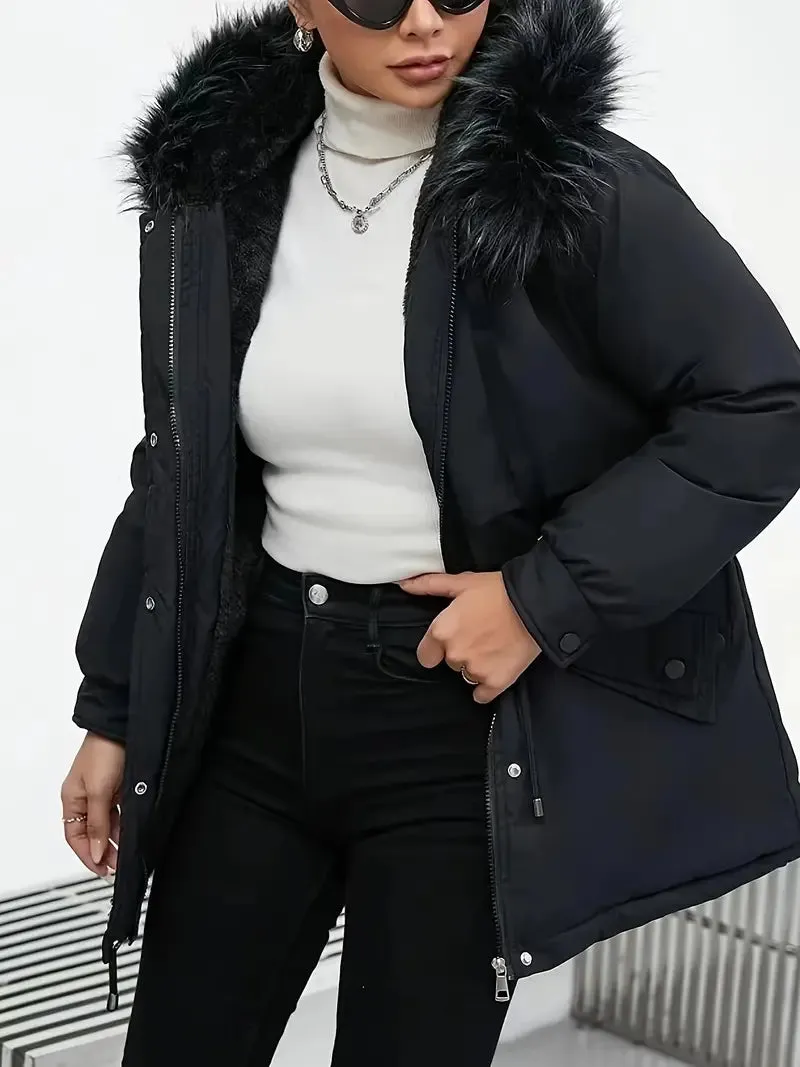 Dames Winter Parka - Zwart Halflang, Dik, Polyester, Casual