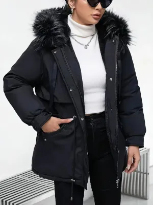 Dames Winter Parka - Zwart Halflang, Dik, Polyester, Casual
