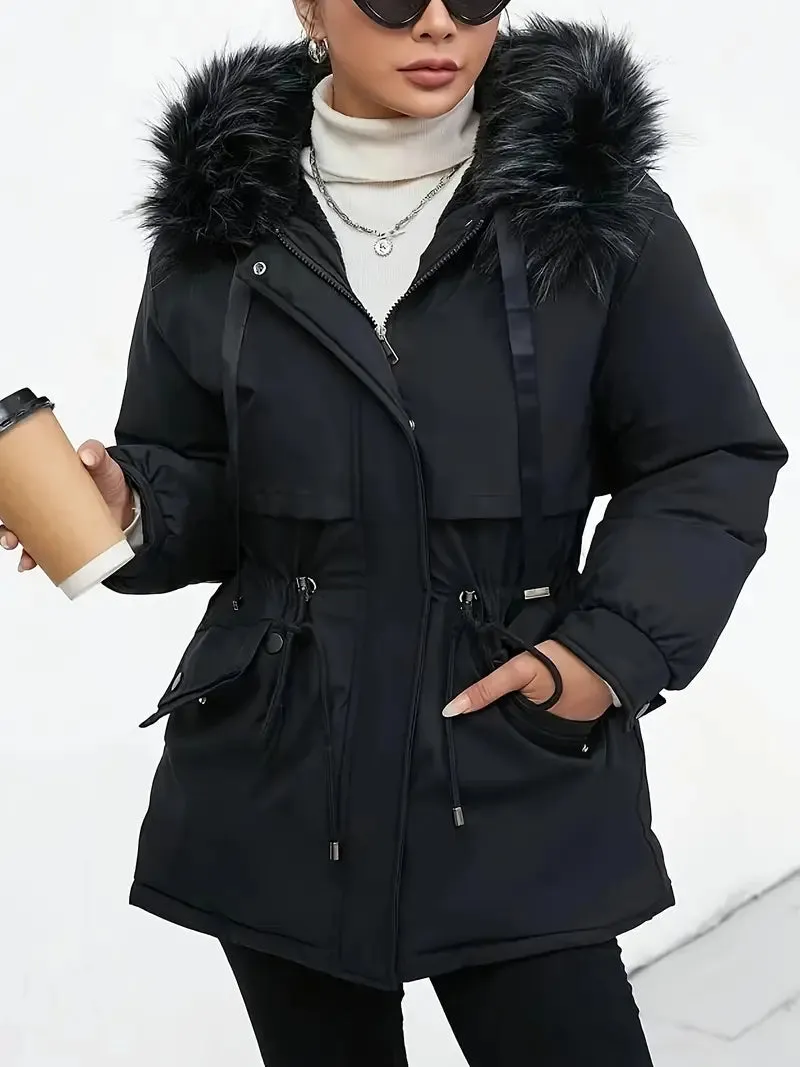 Dames Winter Parka - Zwart Halflang, Dik, Polyester, Casual