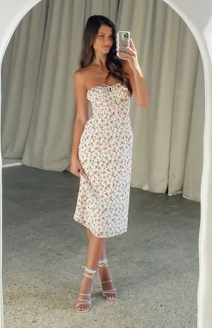 Dion White Floral Strapless Midi Dress
