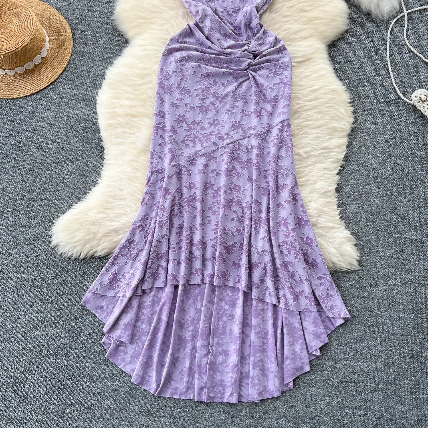 Elegant Ruffled Purple Floral Slip Dress