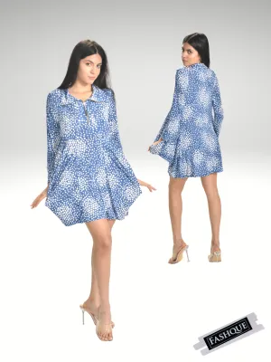 FASHQUE -Long Sleeves Kangaroo Pocket Zipper Front Digital Print Dress/Tunic with Caller- T627