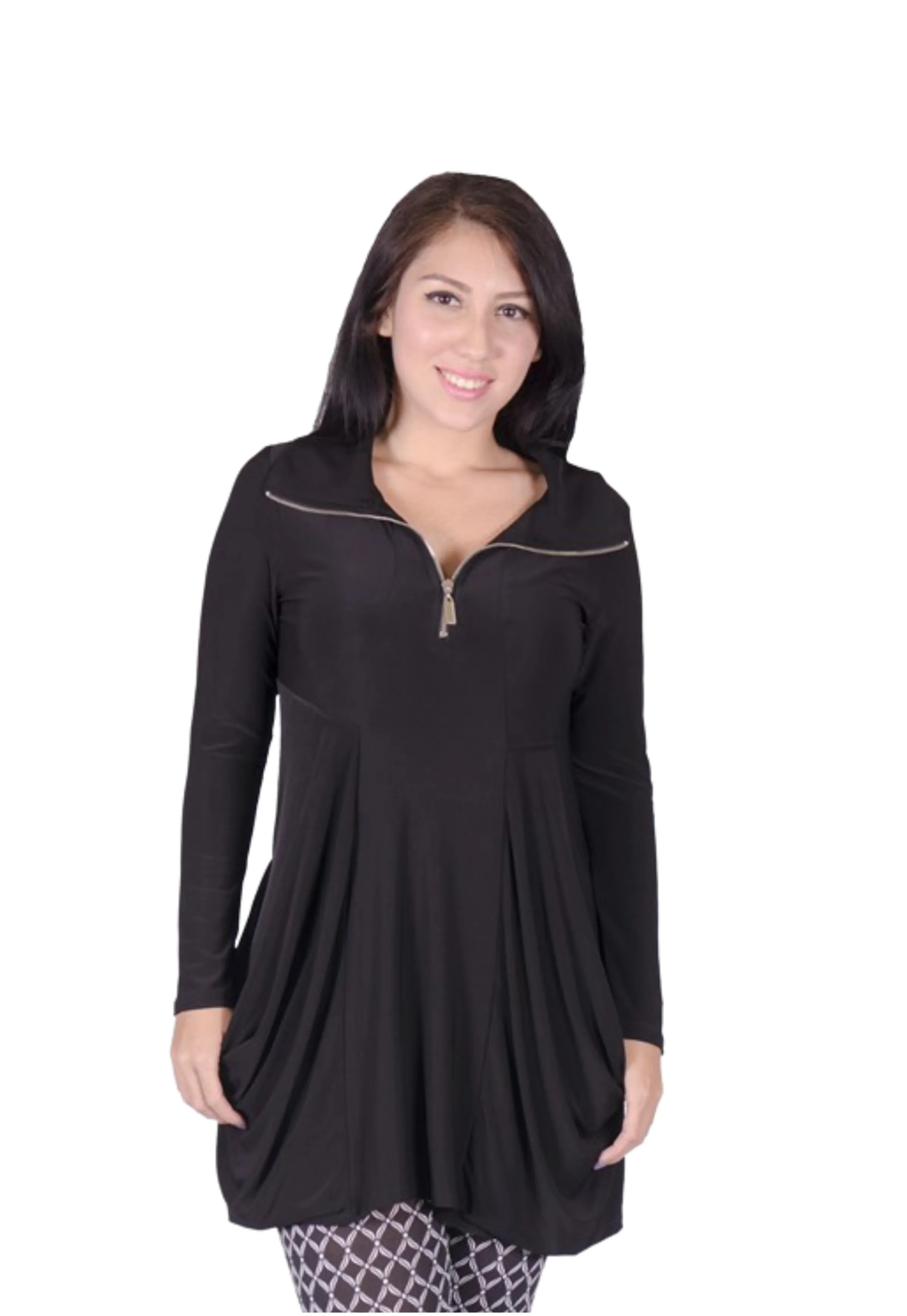 FASHQUE -Long Sleeves Kangaroo Pocket Zipper Front Digital Print Dress/Tunic with Caller- T627