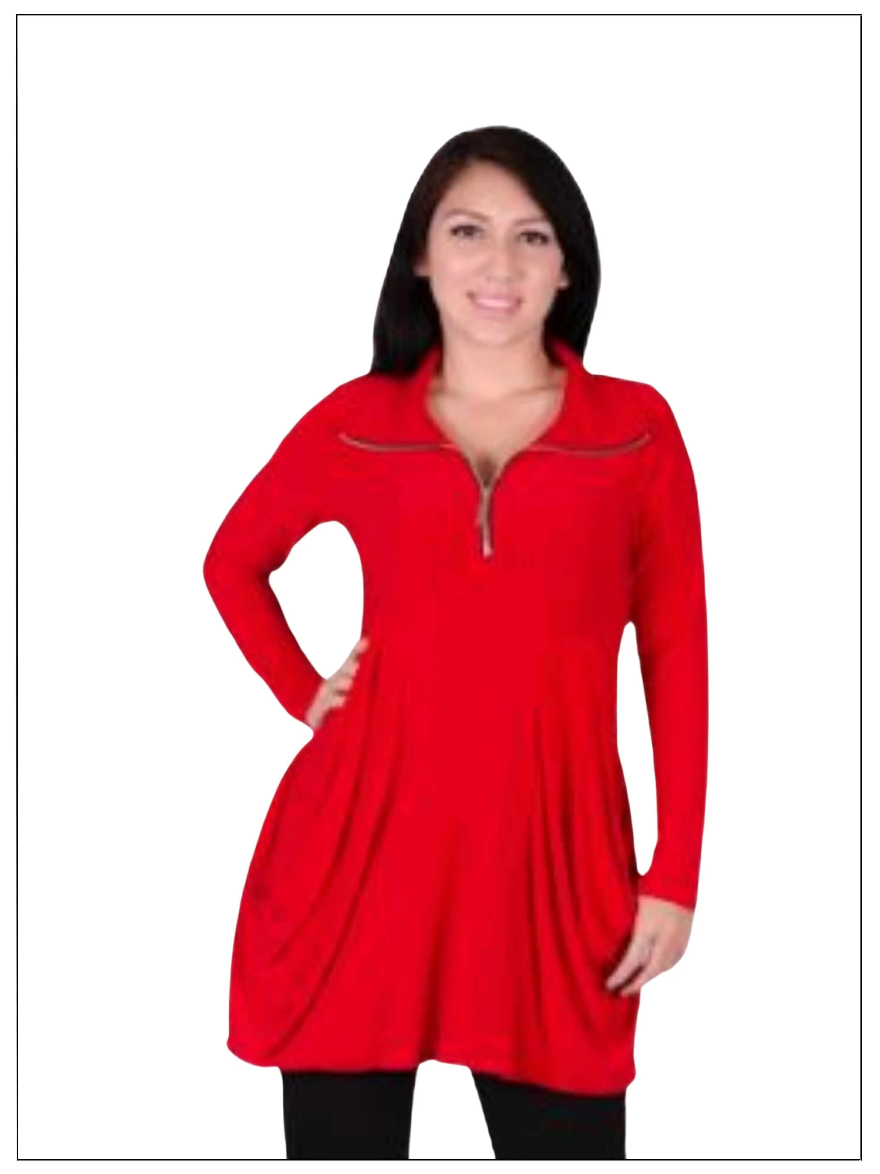 FASHQUE -Long Sleeves Kangaroo Pocket Zipper Front Digital Print Dress/Tunic with Caller- T627