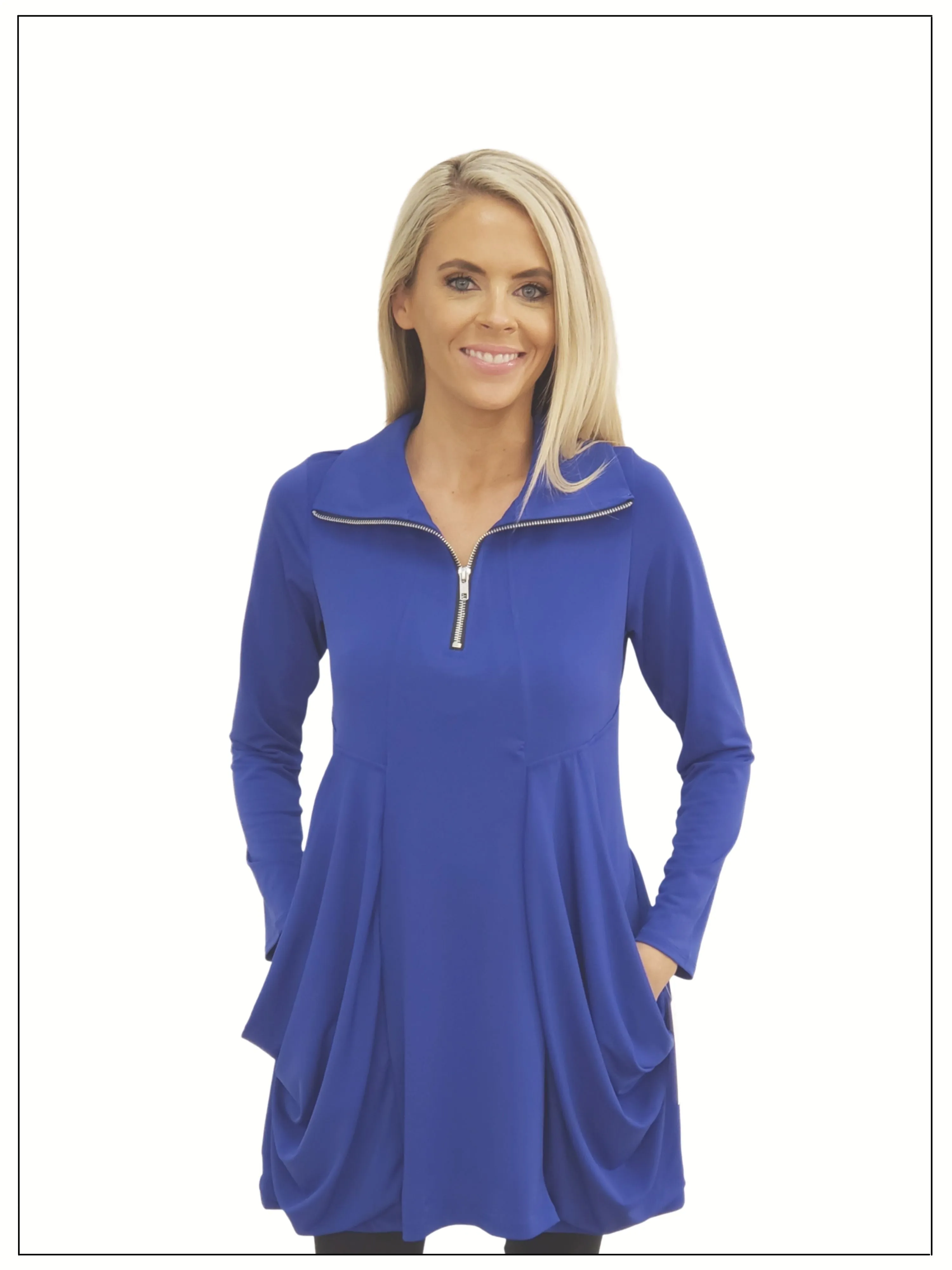 FASHQUE -Long Sleeves Kangaroo Pocket Zipper Front Digital Print Dress/Tunic with Caller- T627