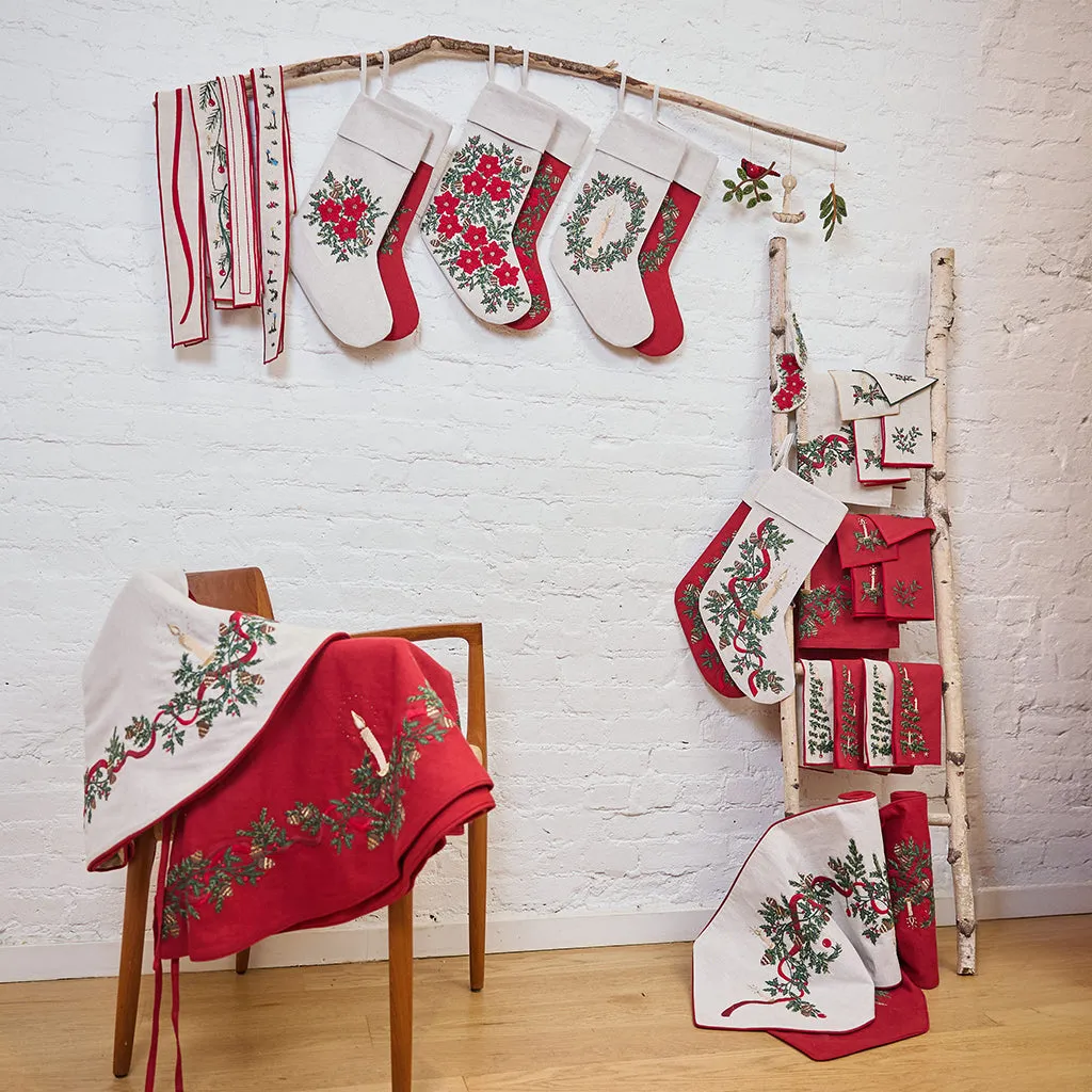 Festive Poinsettia Linen Stocking - Red