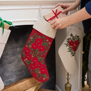 Festive Poinsettia Linen Stocking - Red