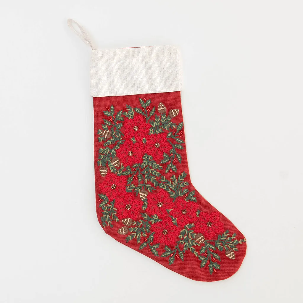 Festive Poinsettia Linen Stocking - Red