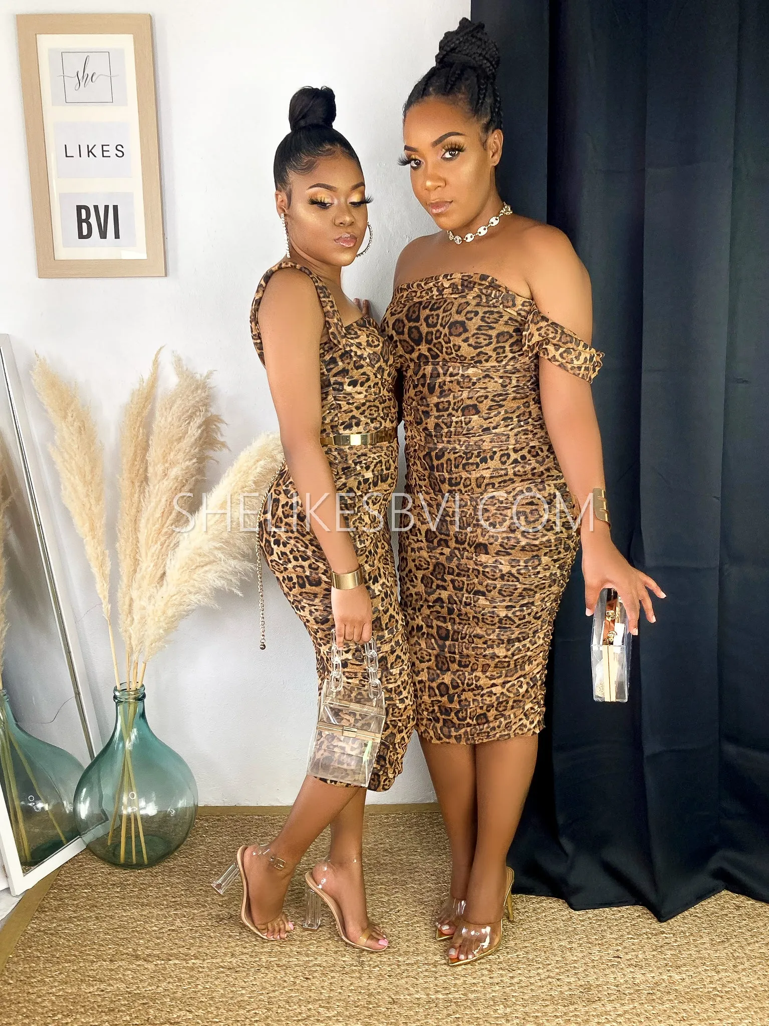 Finesse Off Shoulder Midi Brown Leopard Dress