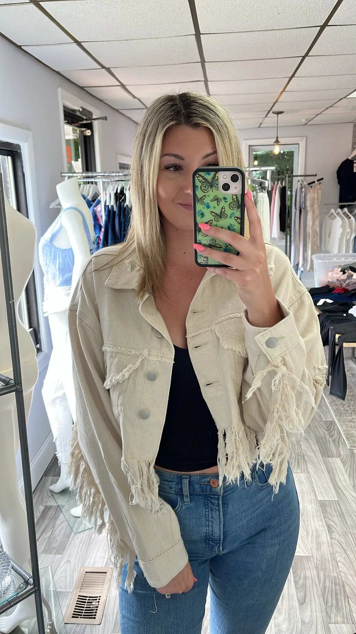 Fringe Distressed Crop Denim Jacket
