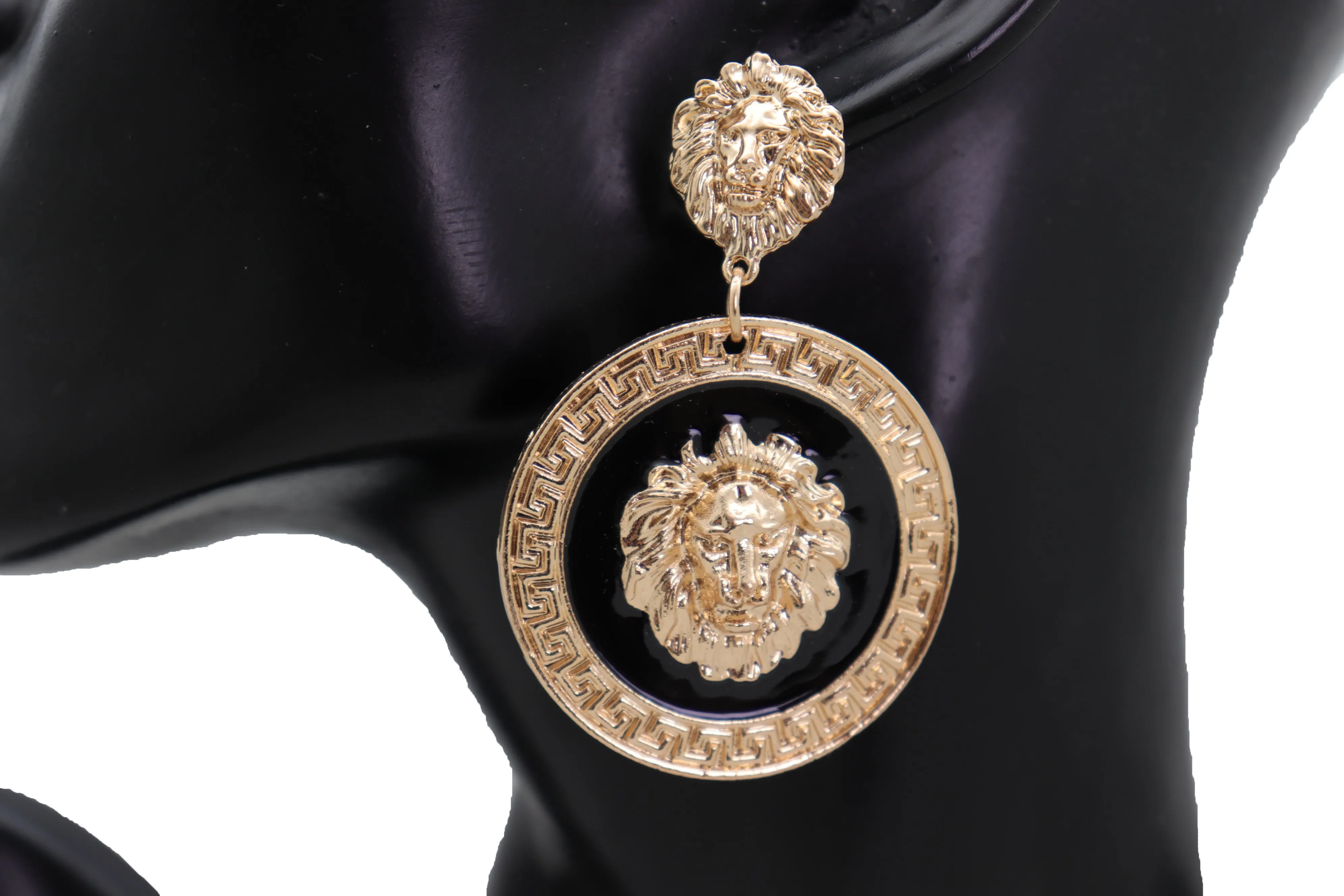 Gold Lion Medallion Dangle Earrings