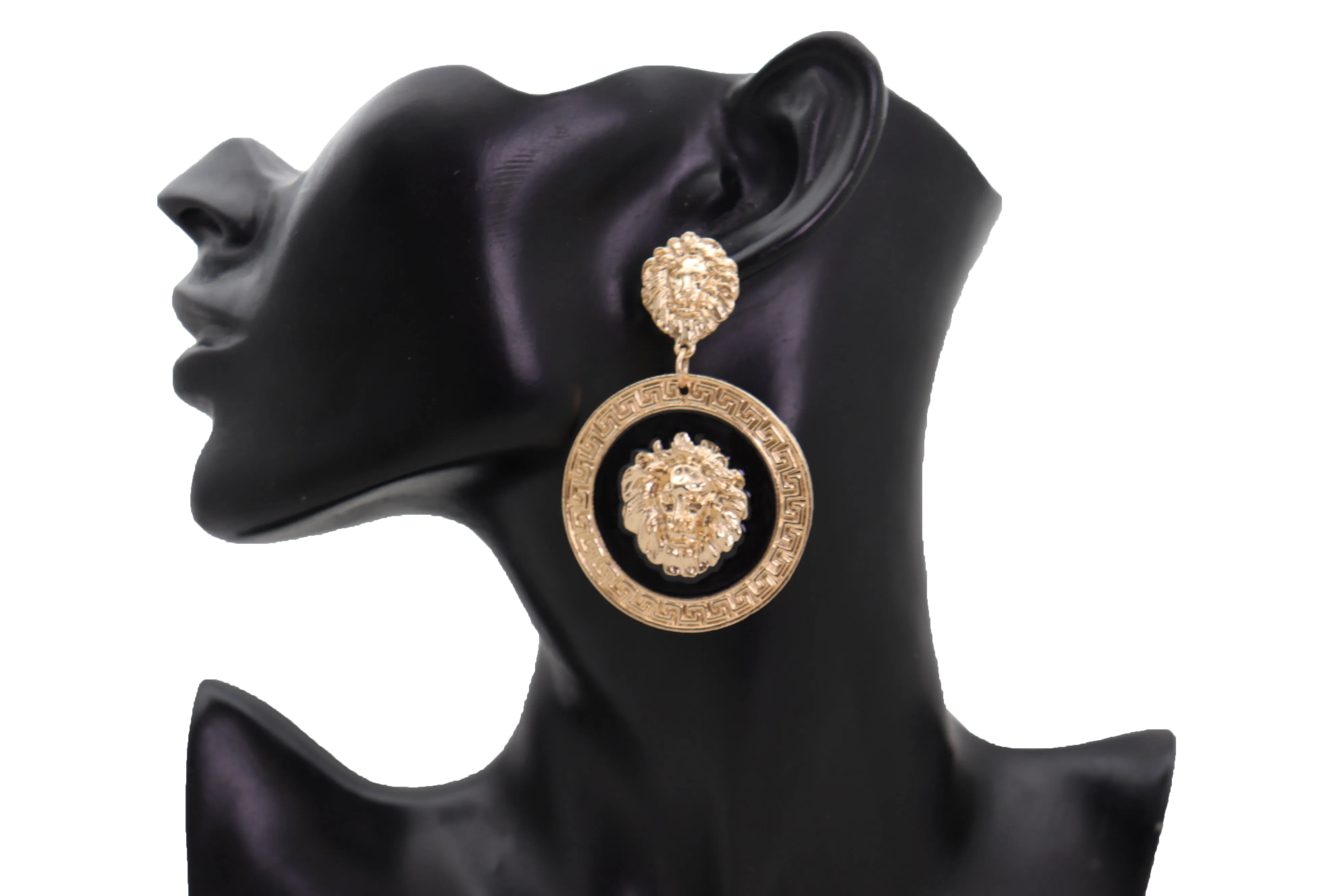 Gold Lion Medallion Dangle Earrings