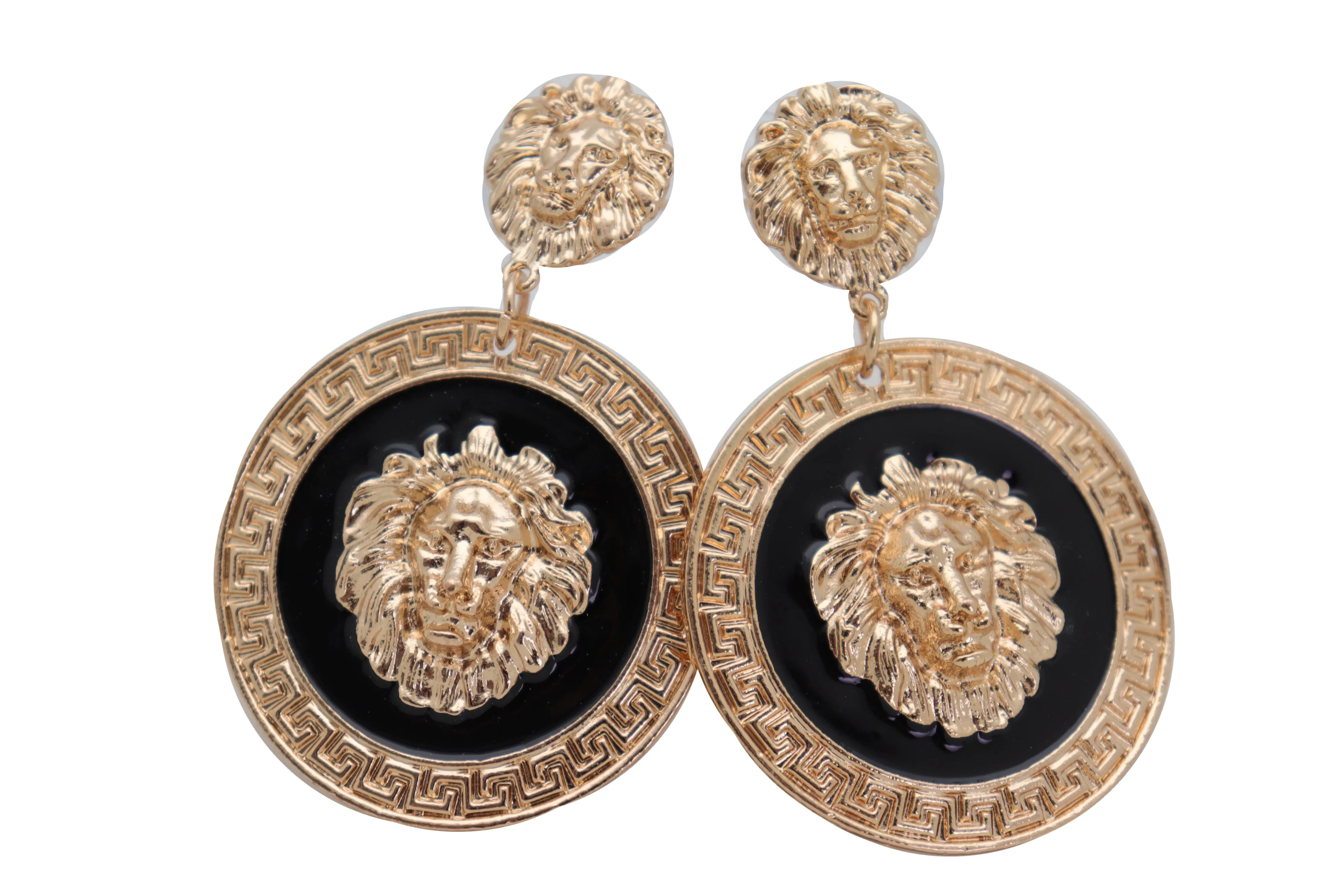 Gold Lion Medallion Dangle Earrings