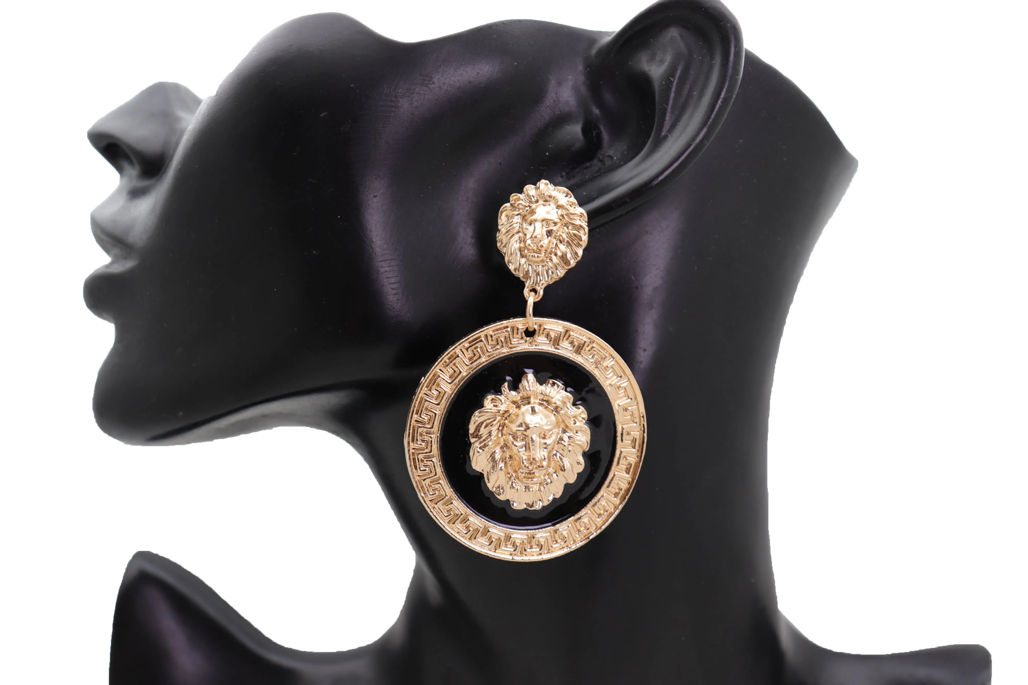 Gold Lion Medallion Dangle Earrings
