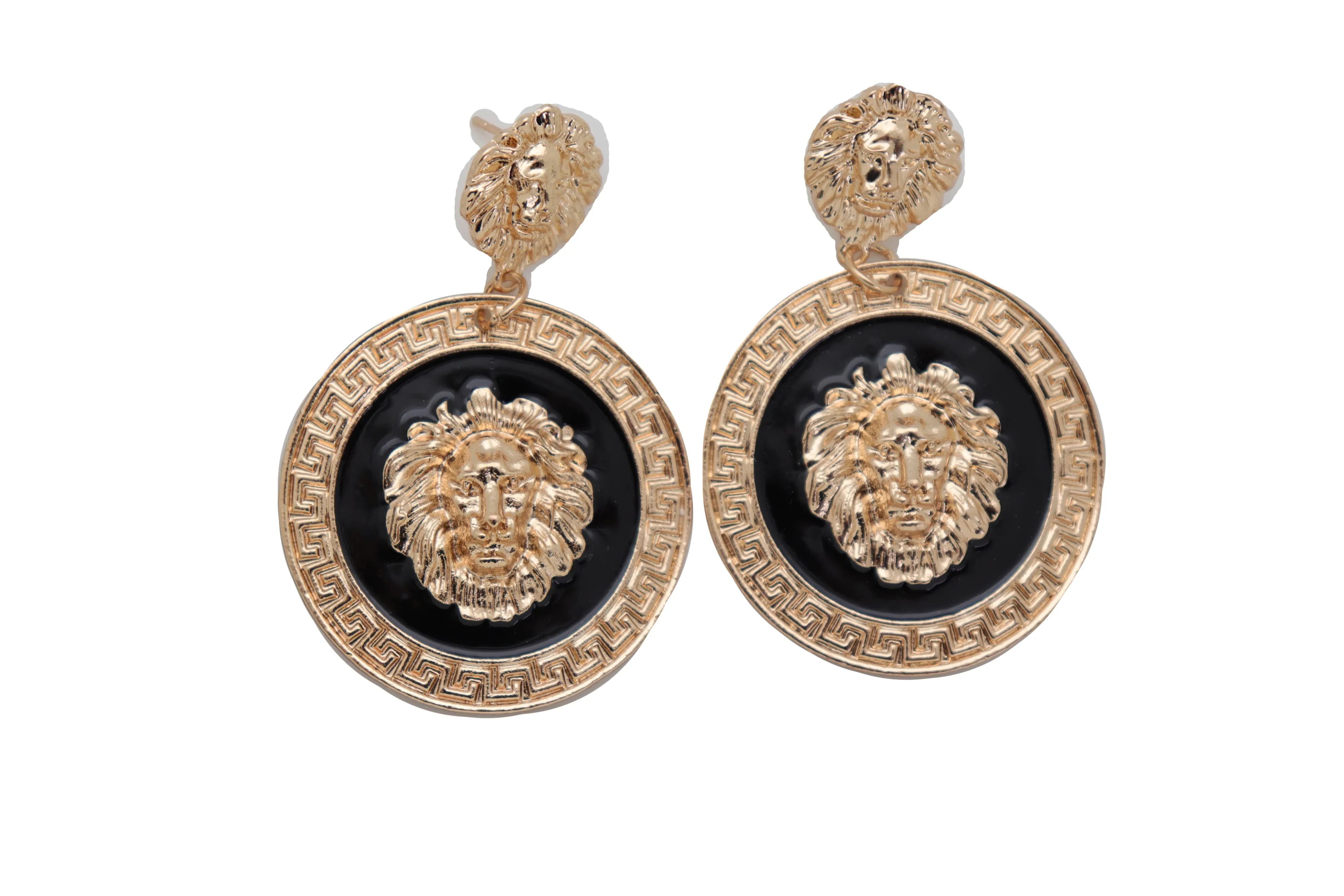 Gold Lion Medallion Dangle Earrings