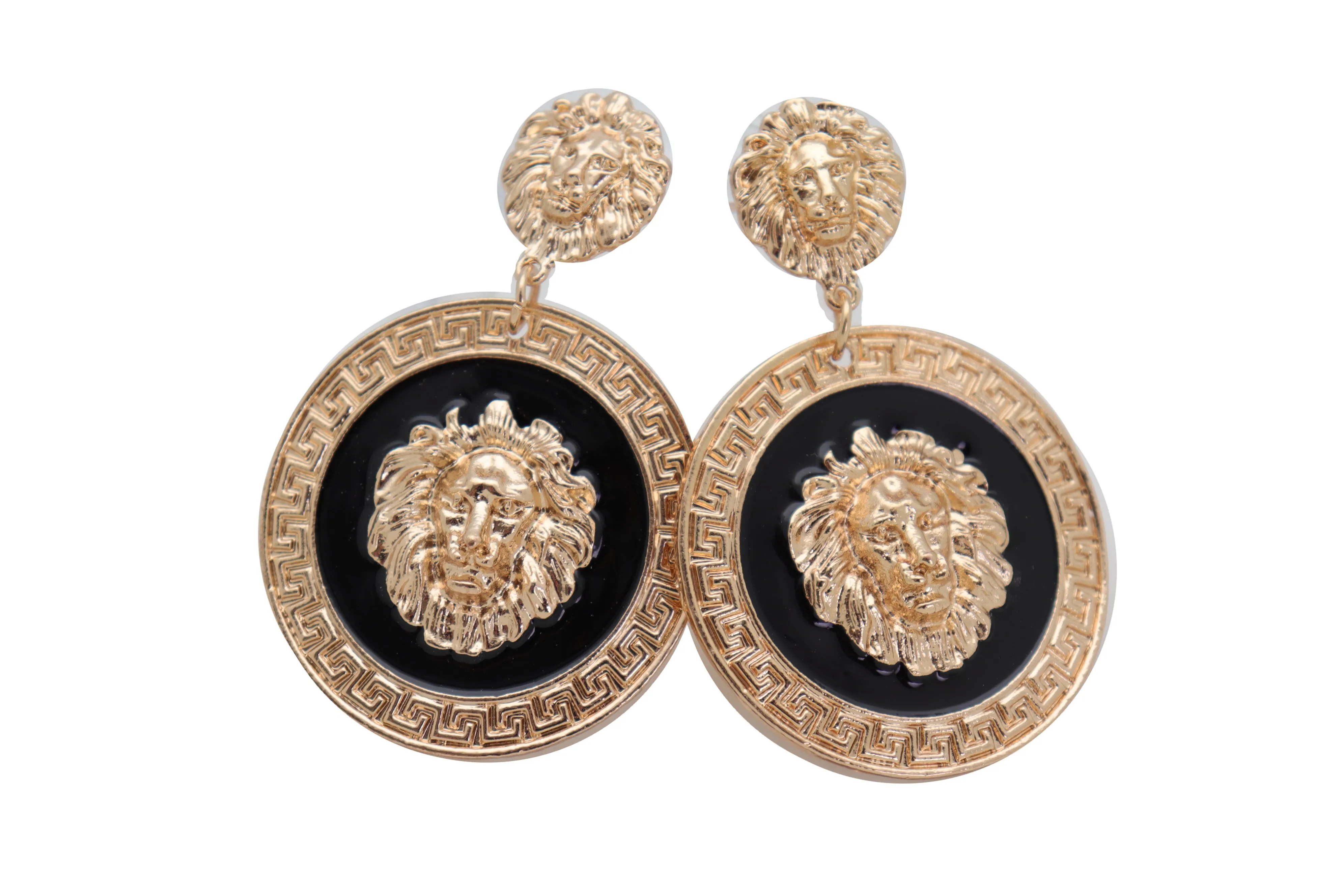 Gold Lion Medallion Dangle Earrings