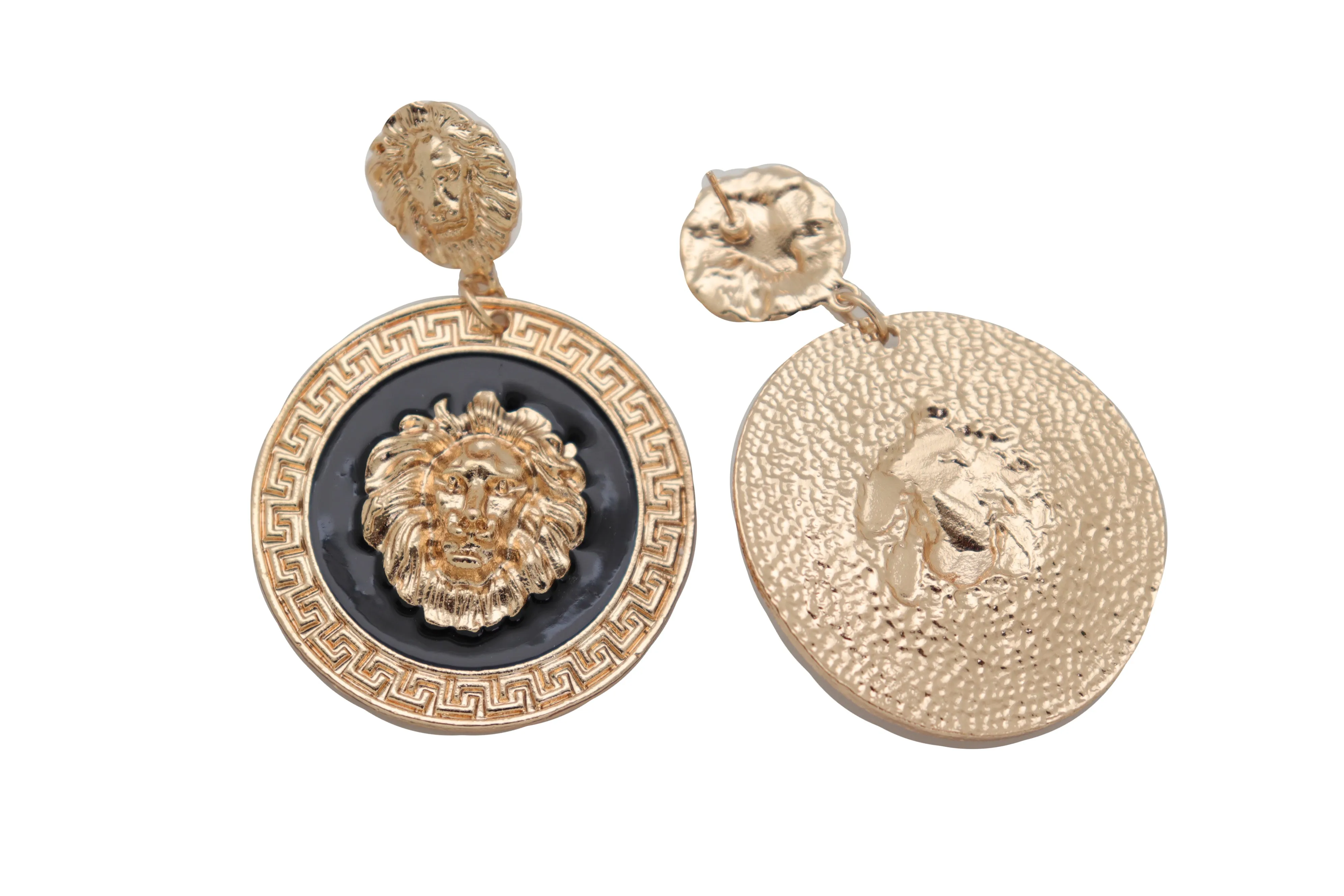 Gold Lion Medallion Dangle Earrings