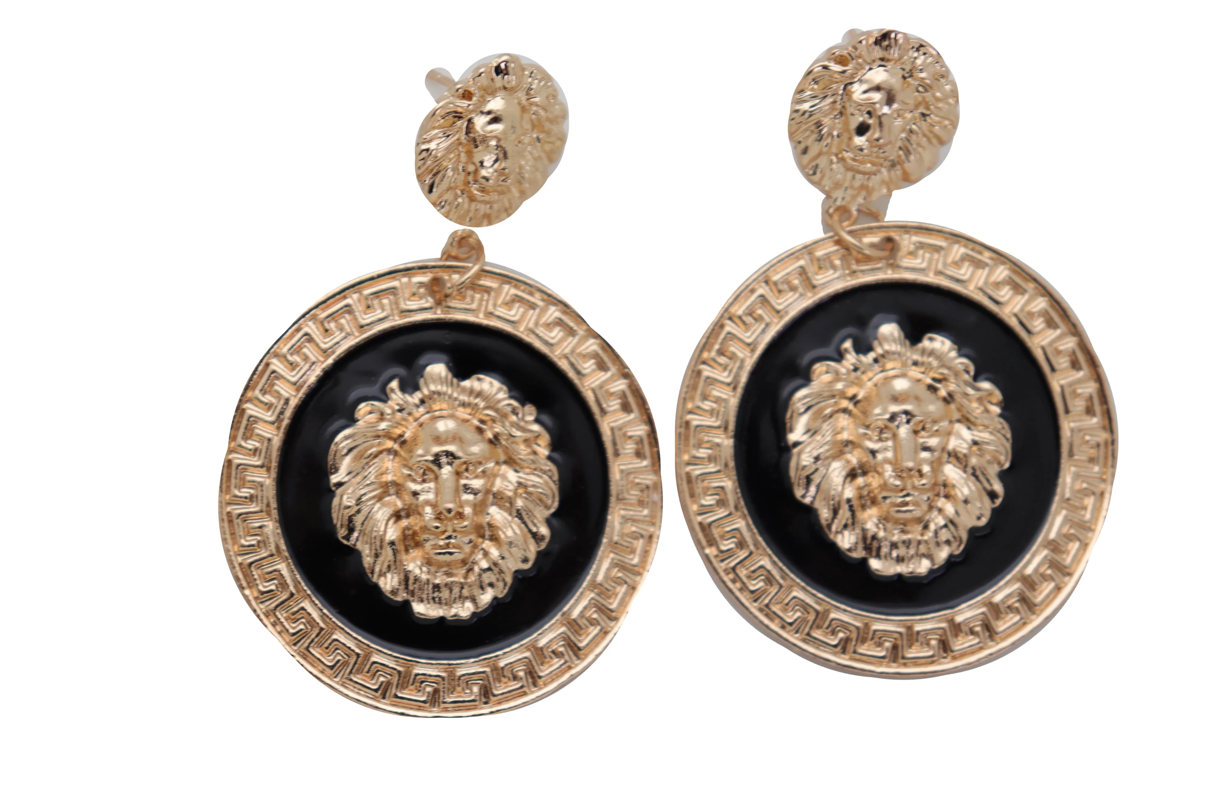 Gold Lion Medallion Dangle Earrings