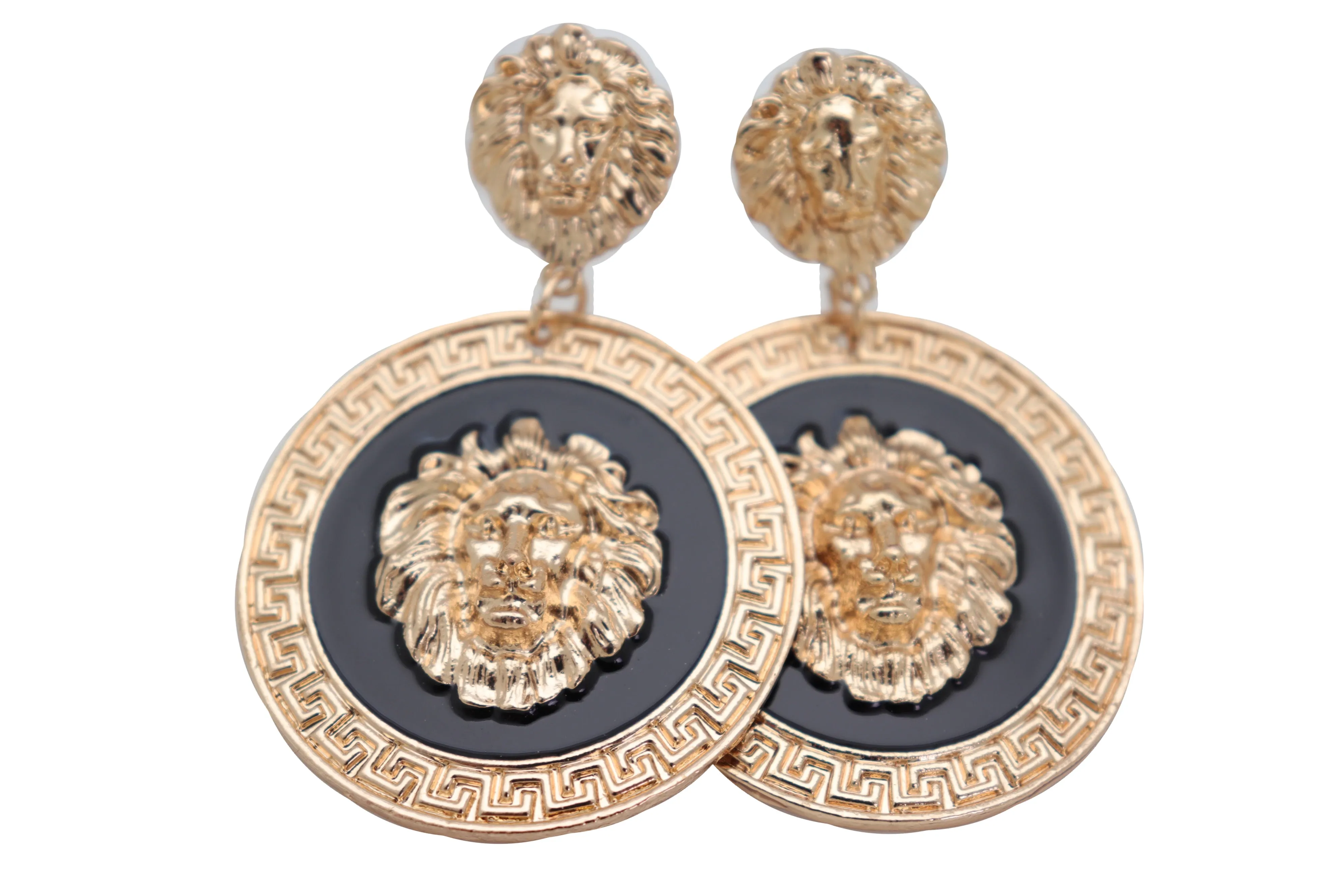 Gold Lion Medallion Dangle Earrings