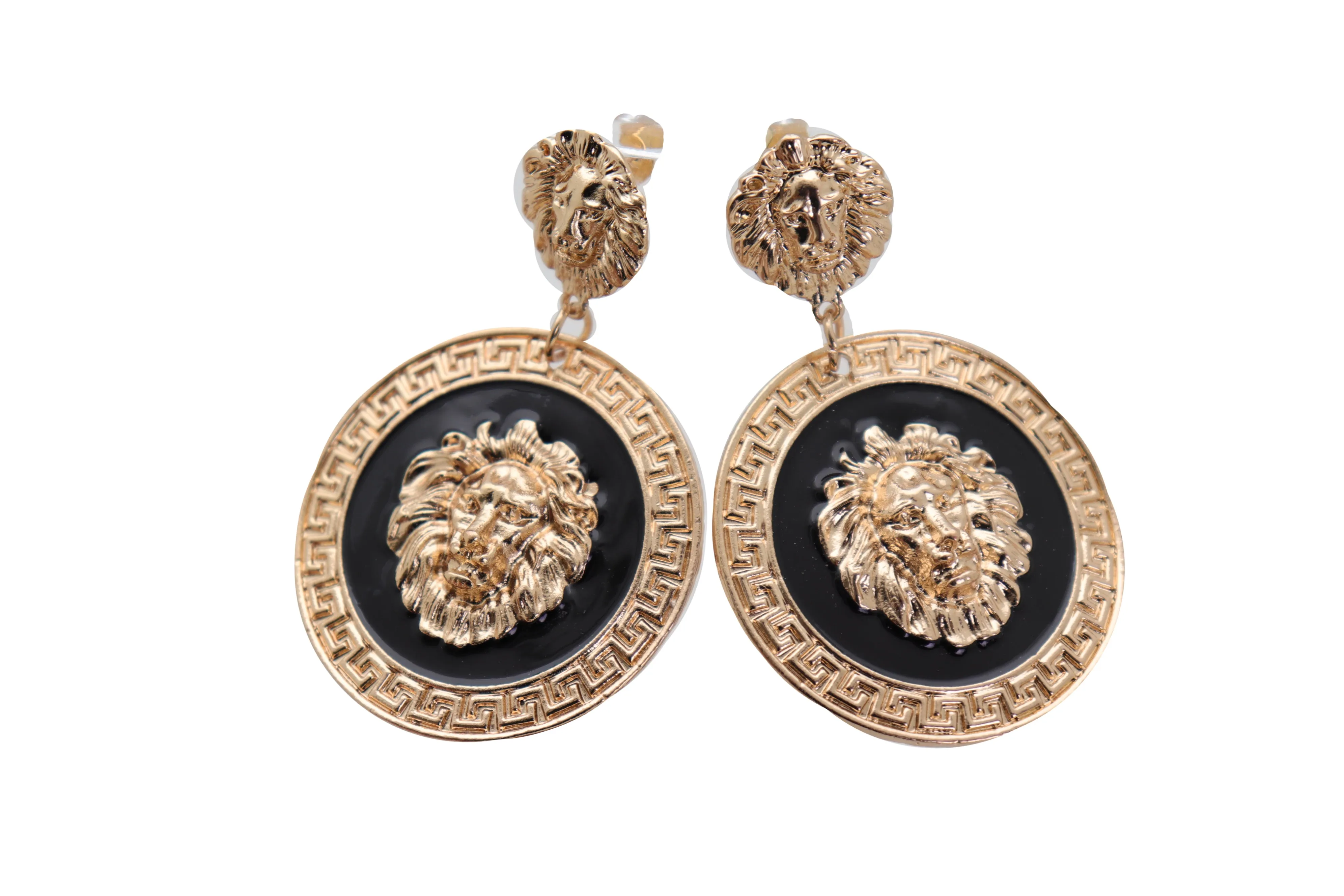 Gold Lion Medallion Dangle Earrings