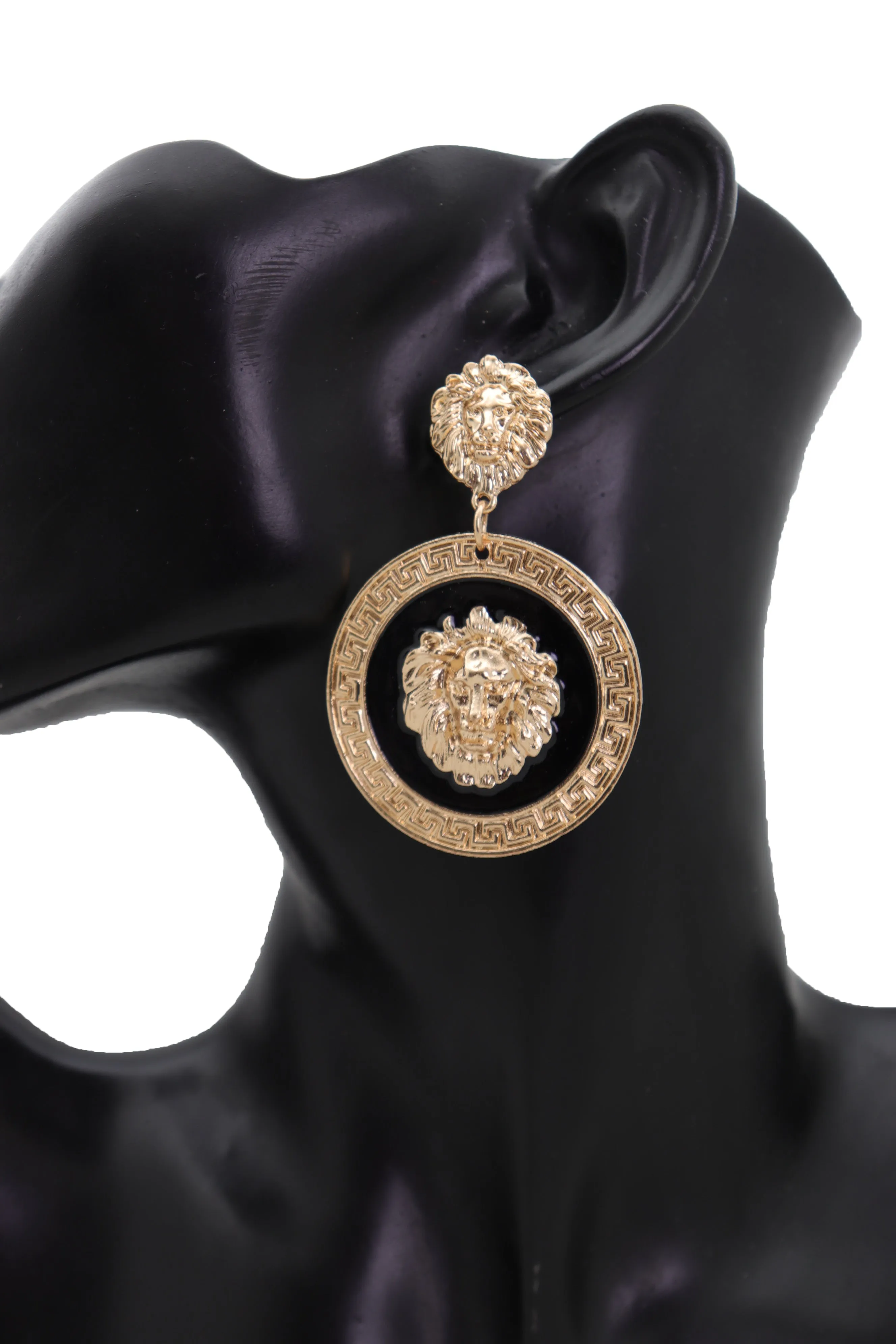 Gold Lion Medallion Dangle Earrings