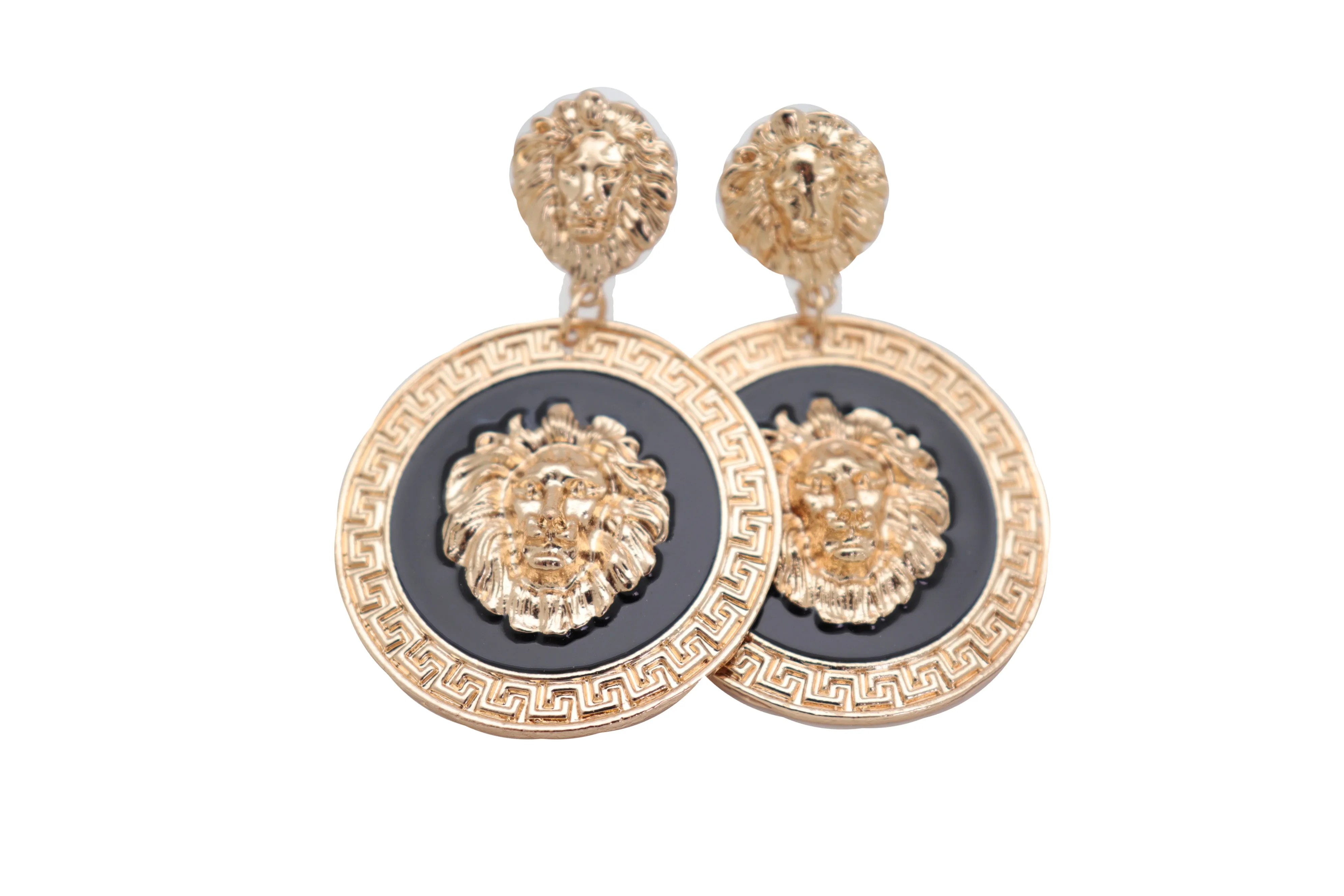 Gold Lion Medallion Dangle Earrings