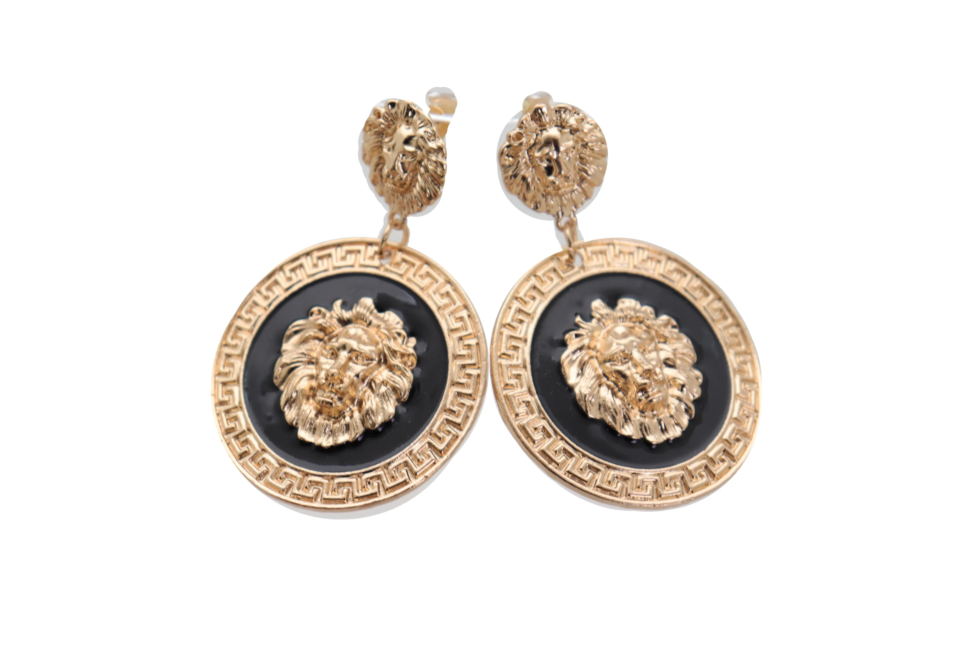 Gold Lion Medallion Dangle Earrings
