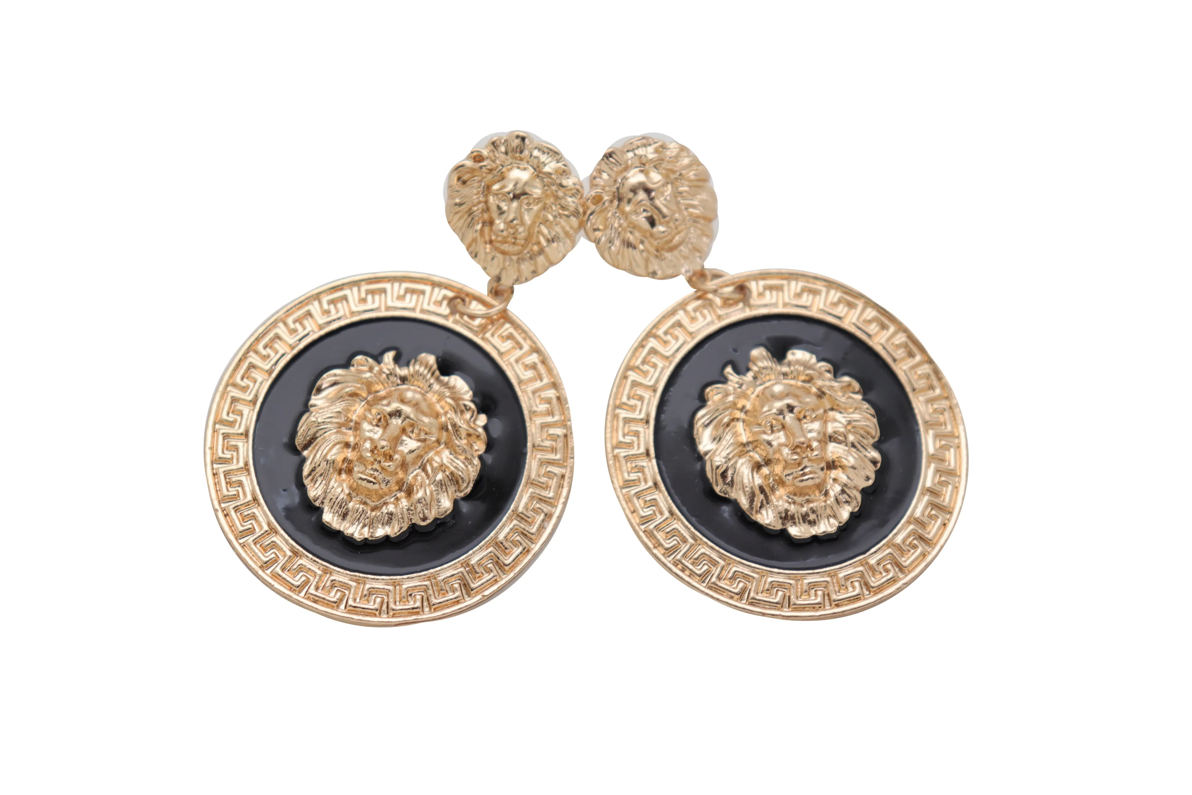 Gold Lion Medallion Dangle Earrings