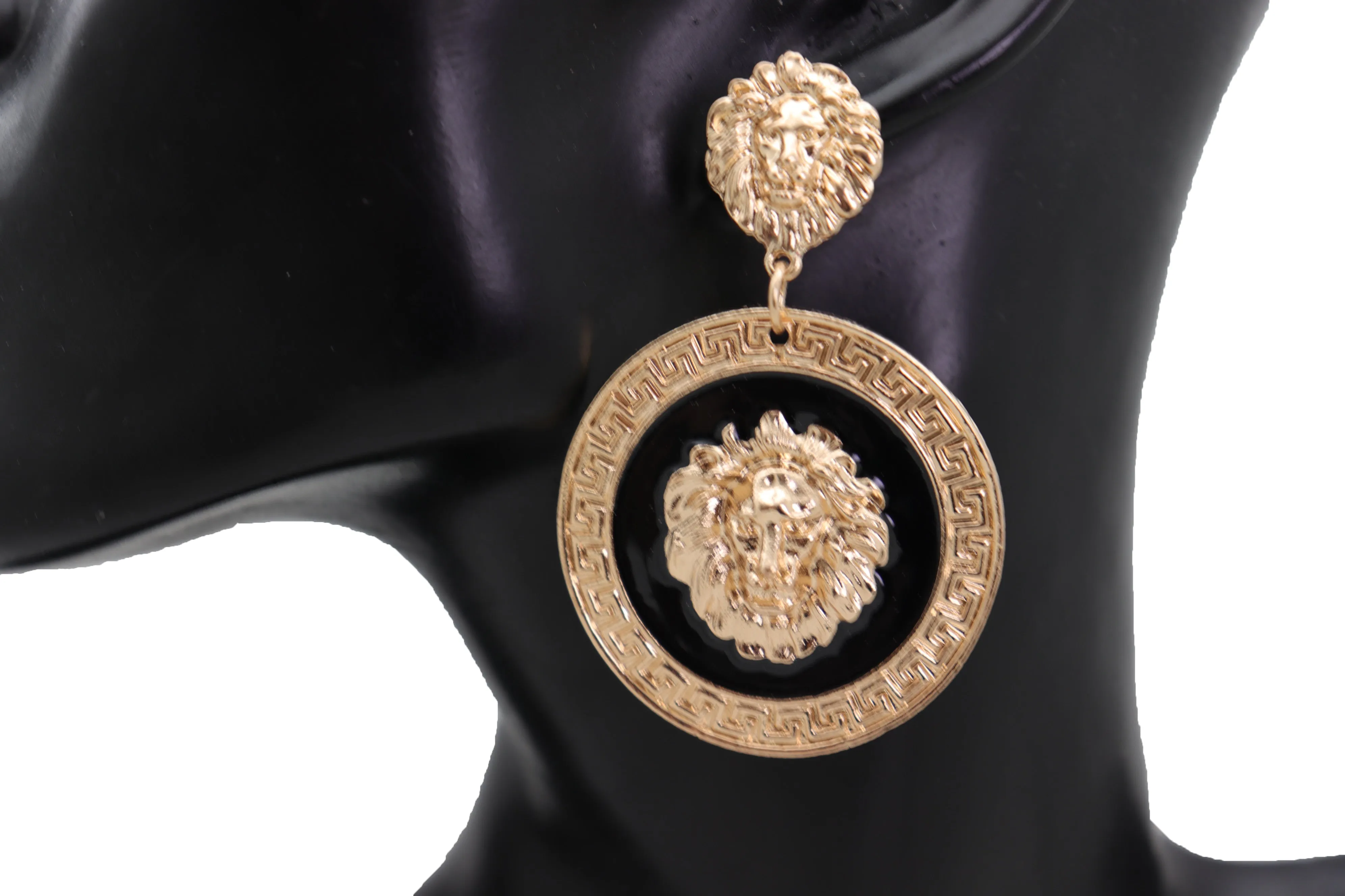Gold Lion Medallion Dangle Earrings