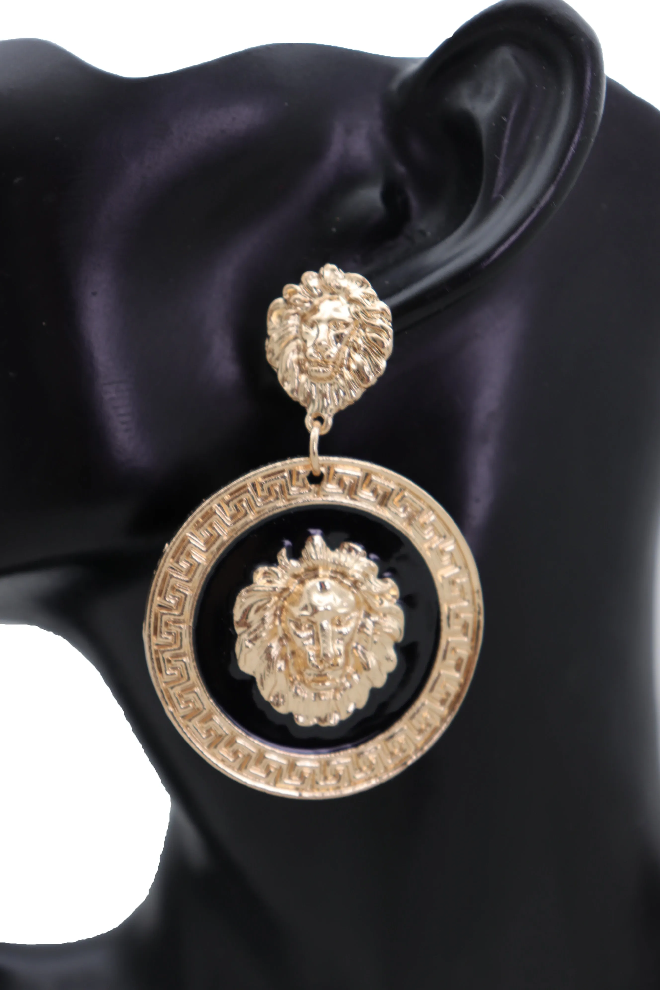 Gold Lion Medallion Dangle Earrings